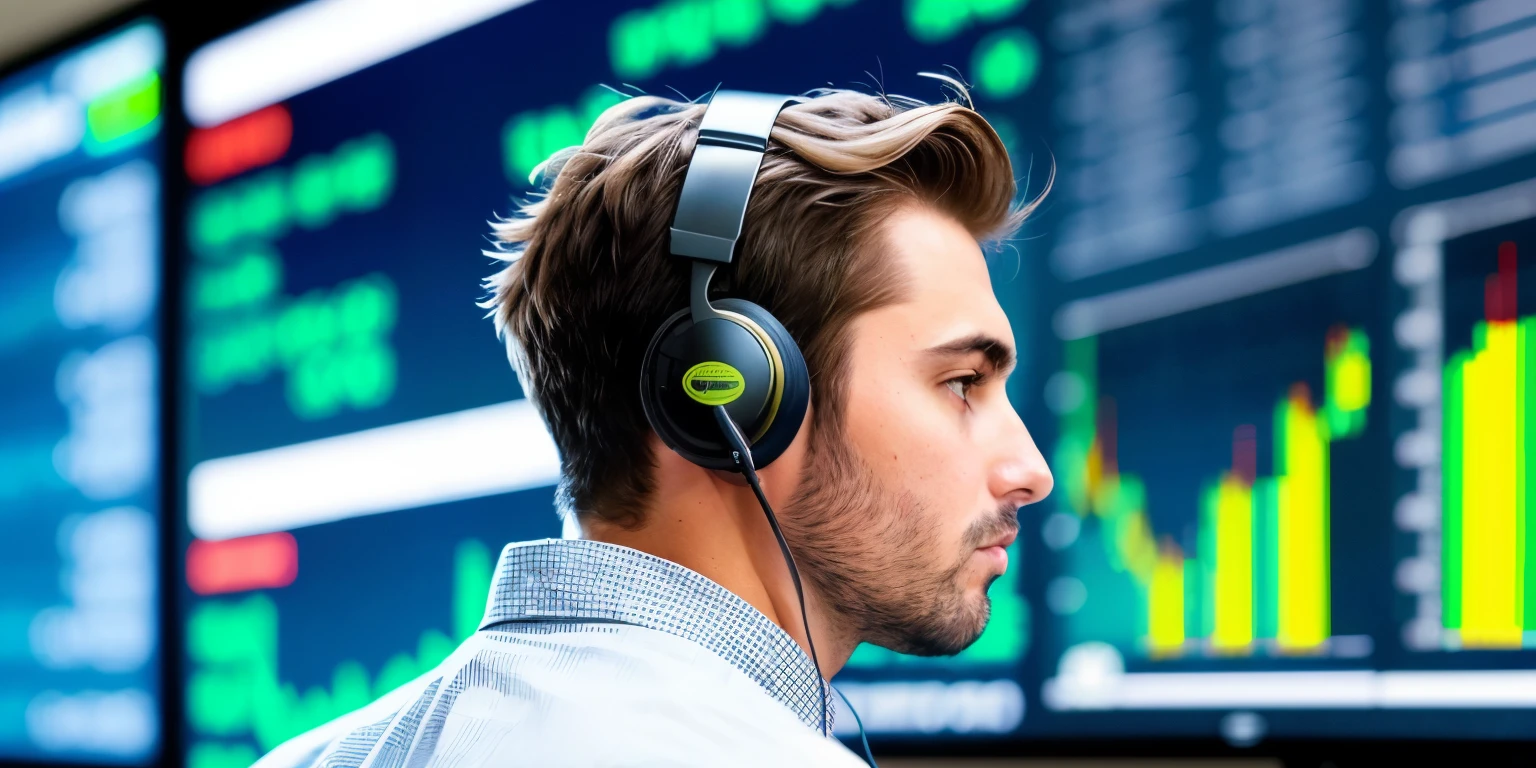 a picture of a man with a headset looking at a computer screen displaying stock charts, trading, Traders, trading stocks, technical, trending on Markets, center focused, high quality screenshot, man , 🚀🚀🚀, a majestic and epic degen trader, very focused, Professional business atmosphere, capture, contemplate, Stock footage, Markets, Matrix LUT