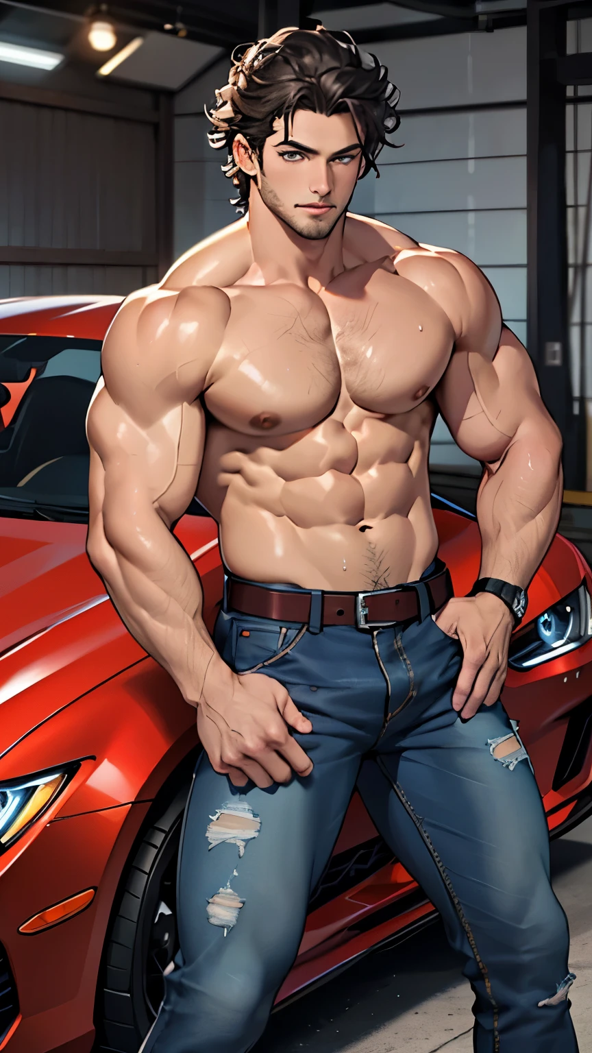 ((best quality)), ((Masterpiece)), (details), perfect face,high definition,Masterpiece,4k,details clearly,,,Handsome face,white skin,perfect body,male body,strong muscles,Abdomen muscles are wavy....,abdomen,blue eyes,white skin,The most handsome man in the world,handsome,,The coolest face,Male characters,challenge,Show off your body,Strong breasts,beautiful eyes,Look clearly.,sexy male underwear,strong legs,wet body,Show off your arm muscles,luxurious,crystal,millionaire,Ratchawong House,luxurious,Show off your arm muscles,black jeans,luxury car,sport car,Coolest car,shirtless,curly hair,pose on car,luxury belt,perfect hands,perfect eyes,in the garage,V shape,inside,studio light