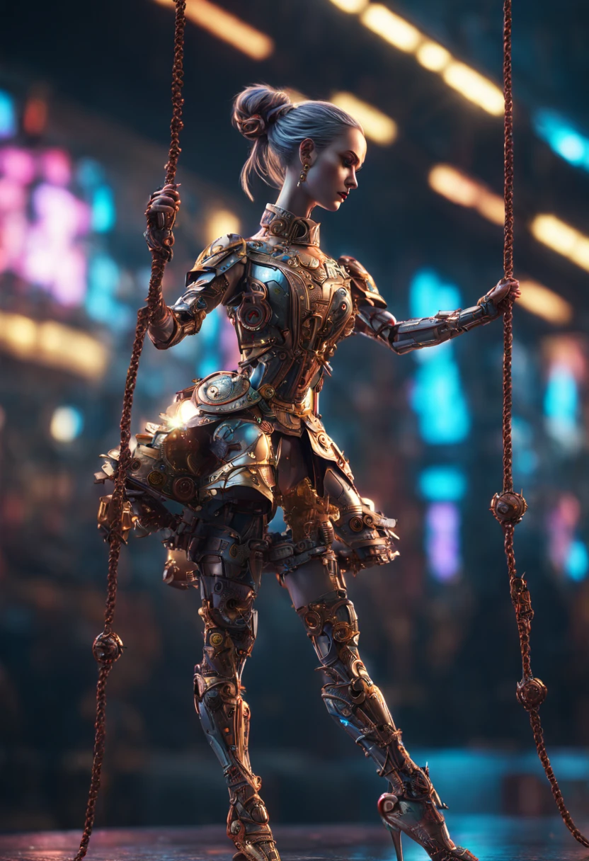 Mechanical Puppet, aesthetic, Cute, sparkling female ballerina puppet on strings at a Russian theatre. Highly detailed, photorealistic, 8k resolution. Intricate details, HDR, beautifully shot, hyperrealistic, sharp focus,  megapixels, perfect composition, high contrast, cinematic, moody. graffiti art, splash art, street art, spray paint, oil gouache melting, acrylic, high contrast, colorful polychromatic, ultra detailed, ultra quality, CGSociety, intricate mech details, ground level shot, 8K resolution, Cinema 4D, Behance HD, polished metal, Unreal Engine 5, rendered in Blender, sci-fi, futuristic, trending on Artstation, epic, cinematic background, dramatic, atmospheric