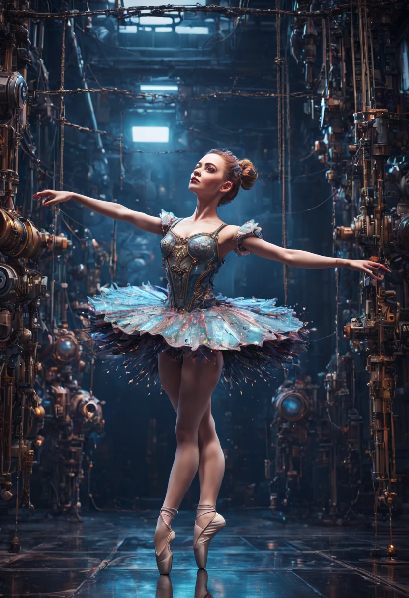 Mechanical Puppet, aesthetic, Cute, sparkling female ballerina puppet on strings at a Russian theatre. Highly detailed, photorealistic, 8k resolution. Intricate details, HDR, beautifully shot, hyperrealistic, sharp focus,  megapixels, perfect composition, high contrast, cinematic, moody. graffiti art, splash art, street art, spray paint, oil gouache melting, acrylic, high contrast, colorful polychromatic, ultra detailed, ultra quality, CGSociety, intricate mech details, ground level shot, 8K resolution, Cinema 4D, Behance HD, polished metal, Unreal Engine 5, rendered in Blender, sci-fi, futuristic, trending on Artstation, epic, cinematic background, dramatic, atmospheric