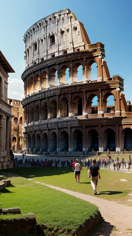 The Colosseum in Rome, surrounded by ancient ruins and people walking around.