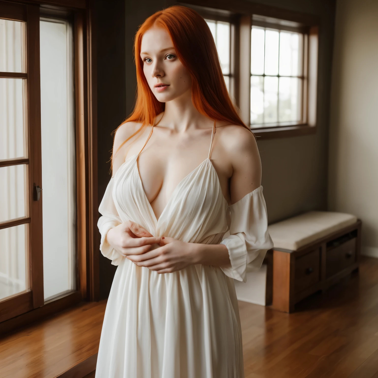 Ginger woman, 30 years old, pale skin, long hair, muscular body, soft stomach, loose dress, soft cleavage, moody room, standing