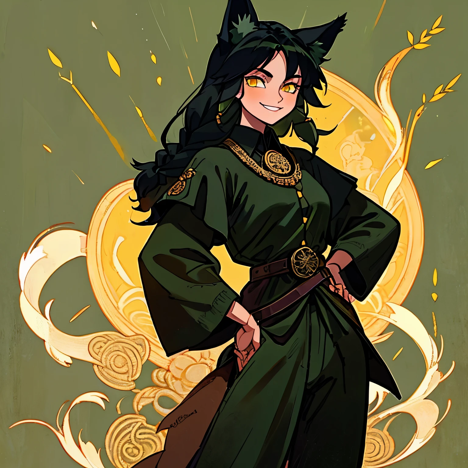 One female fox, Archaeologist, Black hair, two braids, Yellow eyes ,Beautiful eyes, White skin, detailed leather, black fox ears, 4 black fox tails, medieval European closed clothing green, pants, shirt, sly grin, medallion with stone on the neck, medieval european city background, green tones,sharp focus, high quality, Correct anatomy , A high resolution