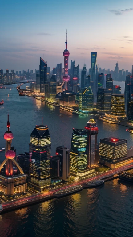 The Bund in Shanghai, with modern skyscrapers on one side and the Huangpu River on the other.