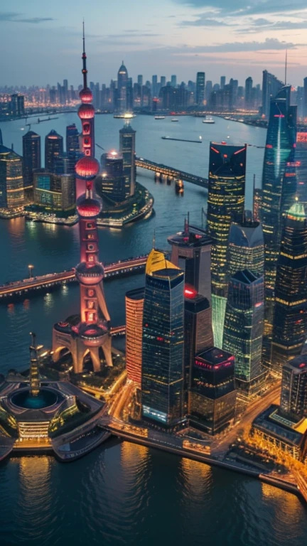 The Bund in Shanghai, with modern skyscrapers on one side and the Huangpu River on the other.