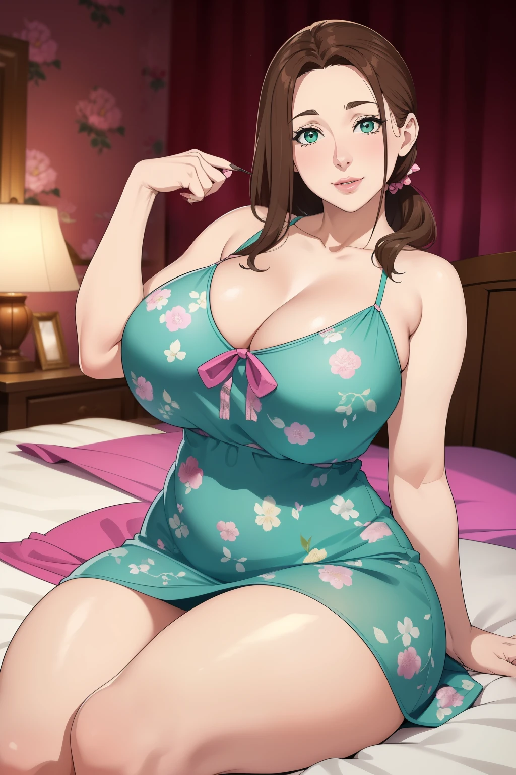 masterpiece, highest quality, (((ルーシー・ピンダーに似たソロmature woman))), (((brown hair))), ponytail, big breasts, (((wide hips))), (((aqua green eyes))), lip whole, enchanting smile, cleavage, (sitting on the bed), Bedroom,  sunset, blush, (((She is wearing a blue summer dress with a pink floral pattern.))), [Janet], [Alice], "Beautiful adult face" , 30 years old , mature woman , adult