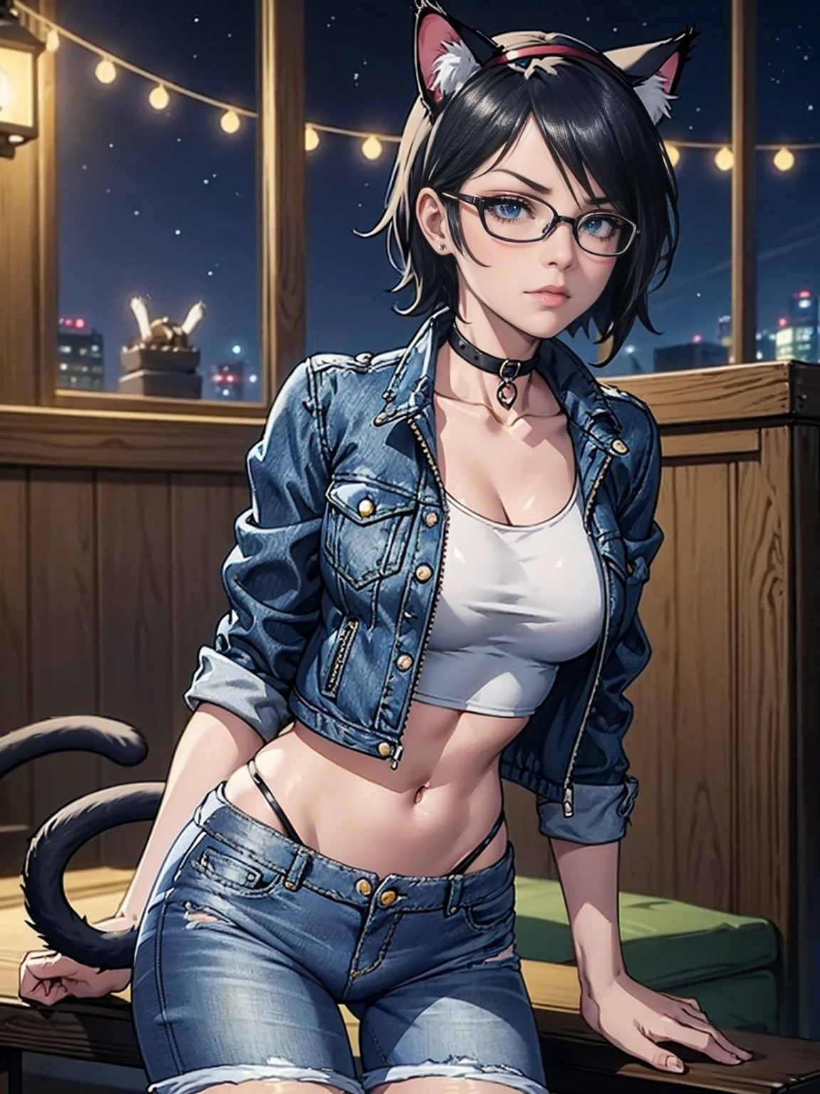 (1girl, solo, alone), (WakatsukiRisa, Sarada Uchiha, short hair, black eyes, red glasses),  (( ((Extremely detailed, ambient soft lighting, 4k, perfect eyes, a perfect face, perfect lighting, a 1girl, animal ears, black thighs, (cat ears, cat's ear cat tail), closed mouth, collarbone, Covered, crop-top, facial mark, ((neck, jacket, mini short, short jeans, mini short jeans)), lips, looking to viewer, tail, Curvy hips, Lush, tights in a mesh)), standing on a tower, cityscape in the background with church, (starry night), crescent moon)),