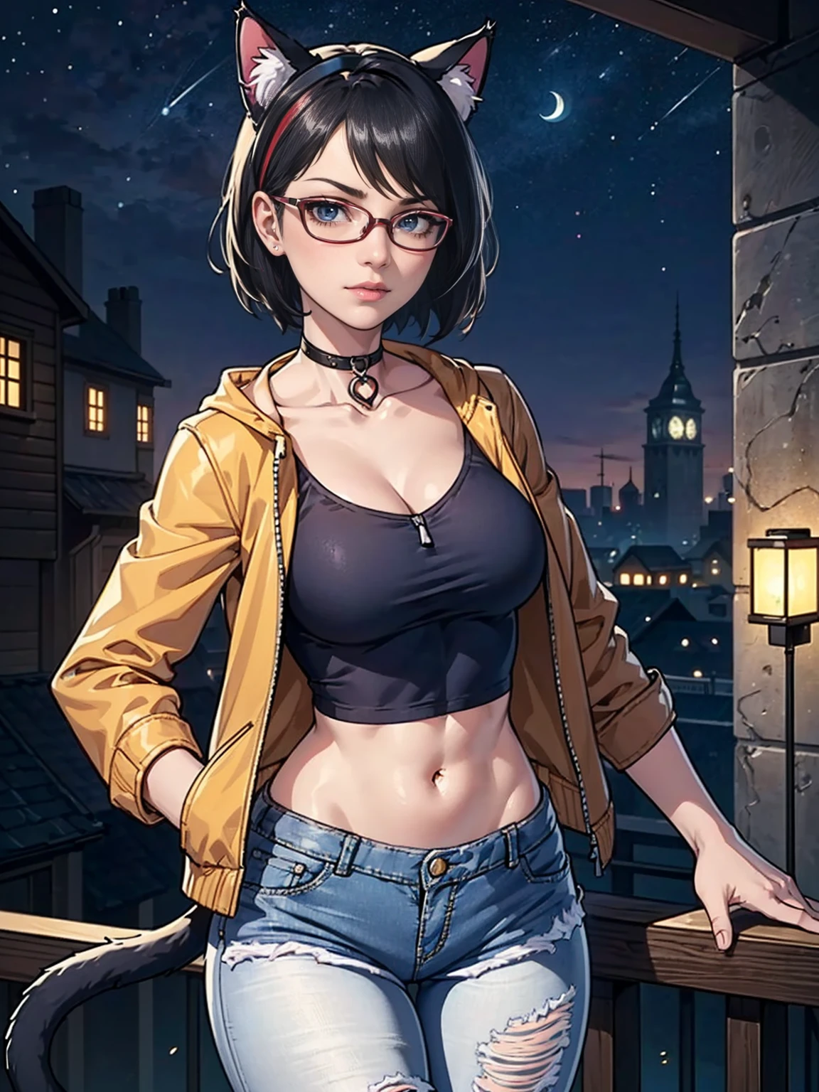 (1girl, solo, alone), (WakatsukiRisa, Sarada Uchiha, short hair, black eyes, red glasses), (( ((Extremely detailed, ambient soft lighting, 4k, perfect eyes, a perfect face, perfect lighting, a 1girl, animal ears, black thighs, (cat ears, cat's ear cat tail), closed mouth, collarbone, Covered, crop-top, facial mark, ((neck, jacket, mini short, short jeans, mini short jeans)), lips, looking to viewer, tail, Curvy hips, Lush, tights in a mesh)), standing on a tower, cityscape in the background with church, (starry night), crescent moon)),
