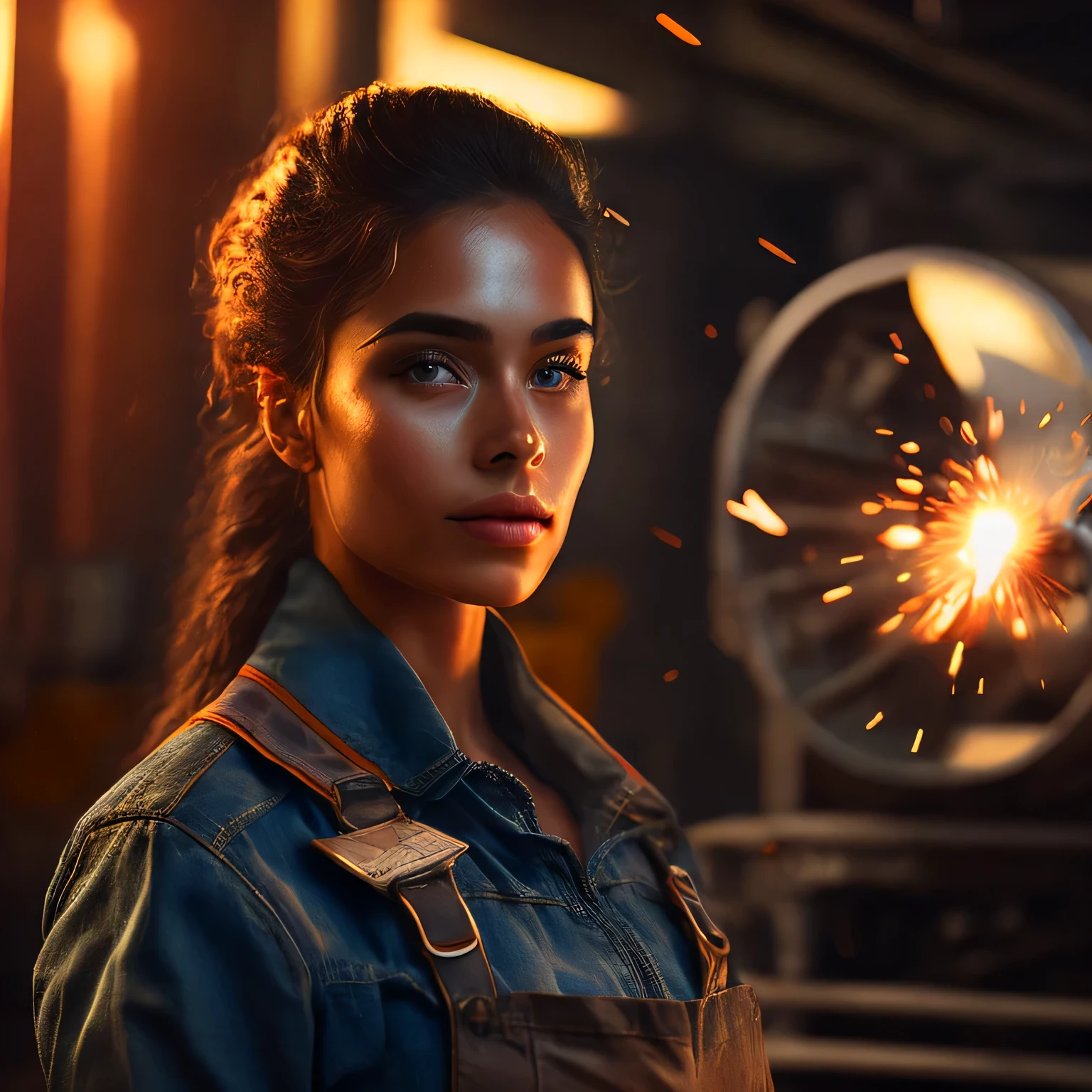 cinematic, [Medium body shot (1,5)] [ elegante e bem torneada de 22 anos (1,5)], Foto CRU, altamente detalhada, incredibly beautiful metal welder wearing overalls on working machine, soldagem, humid and stuffy atmosphere, dynamic scene, decote, profundidade de campo gosto, profundidade detalhada, gosto, bokeh, edge lighting, rosto detalhado, olhos detalhados, roupas transparentes, detalhes intrincados de cabelo, Ultra HD, Hiper realista, dynamic action shooting, Messy hair, erotic, delicate hands, dedos perfeitoedium body shot: 1,3), rosto detalhado, olhos bonitos, detailed hands, dedos detalhados, anatomia perfeita, Baixa RA, obra-prima, hdr, 8K, rosto detalhado, olhos detalhados, detailed hands, dedos detalhados, membros detalhados: 1,5, melhor qualidade, obra-prima, rosto detalhado, foto de olhos perfeitos