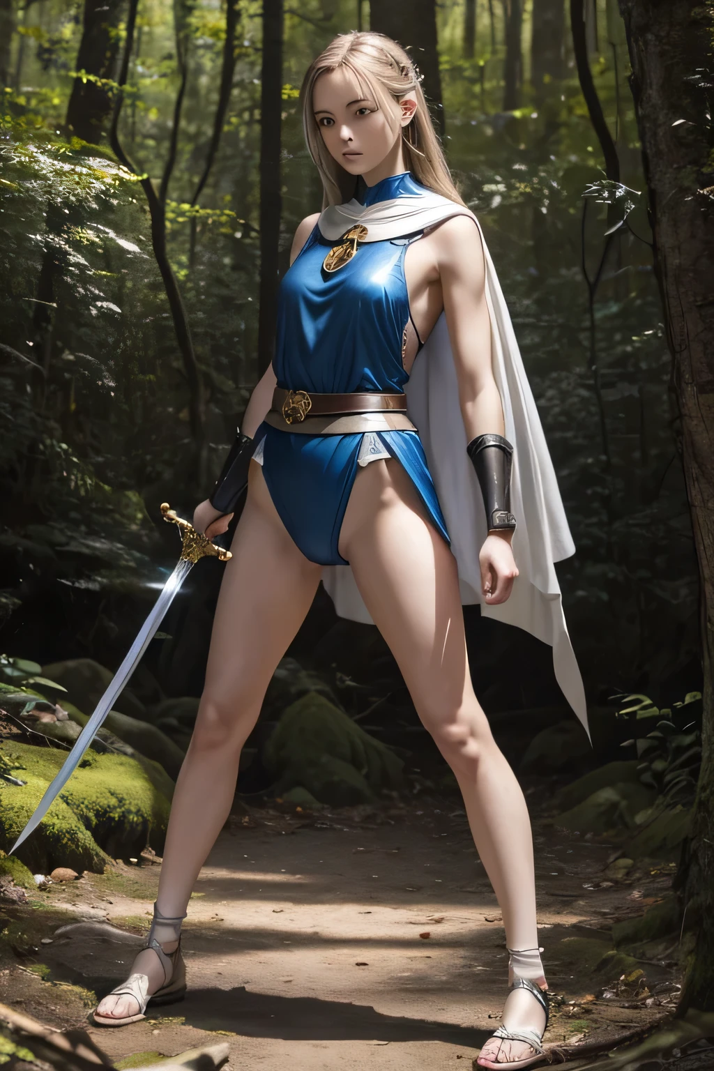 (photo realistic:1.4), (hyper realistic:1.4), (realistic:1.3),whole body, kick,medieval europe,Fight,(metal breastplate),thin,sword持った女性,14 years old,No sleeve, whitened skin, in the forest,shoes,sword,girl,(legs without stockings),Lower body white swimsuit,blue eyes,angry eyes,,realistic skin,thin body