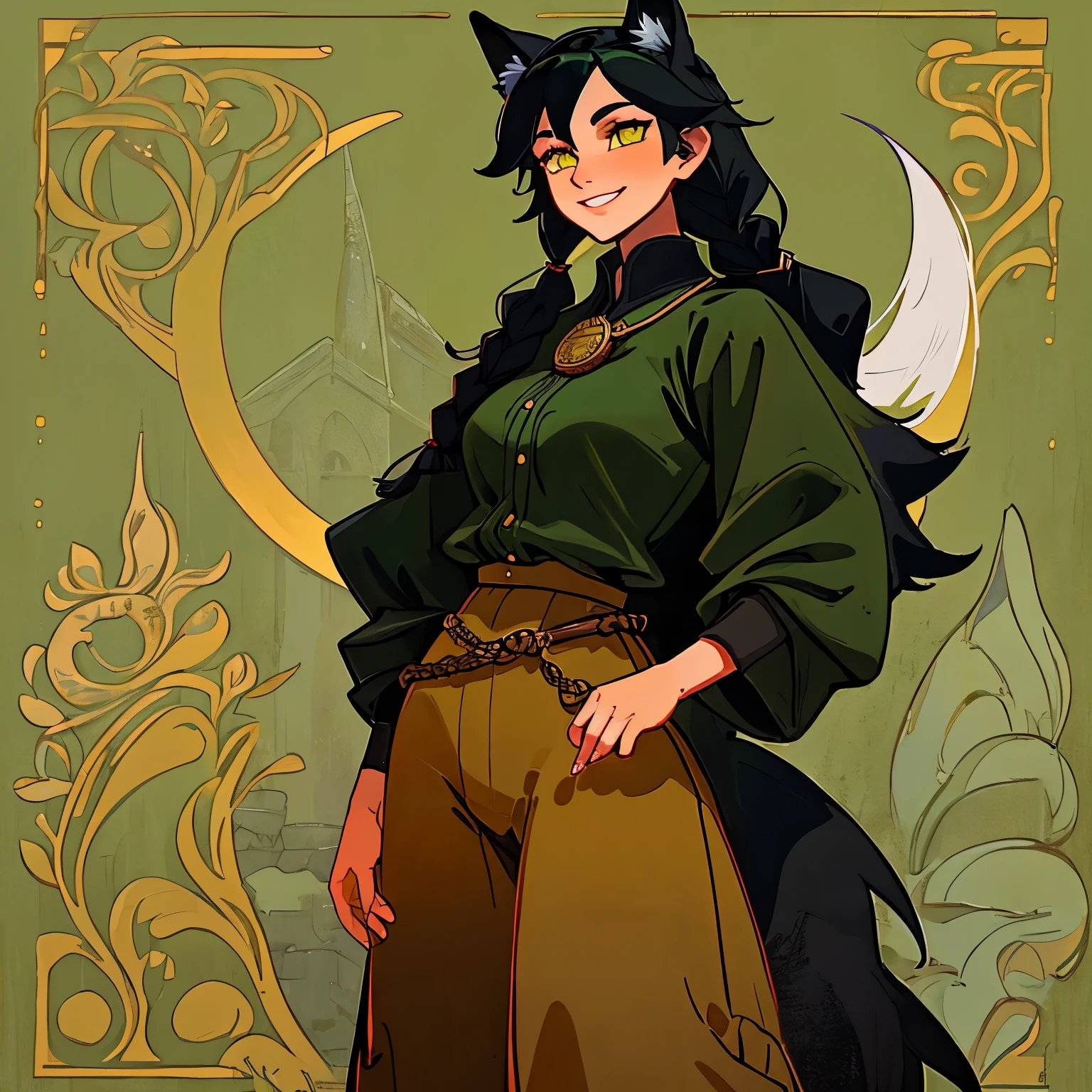 One female fox, Archaeologist, Black hair, two braids, Yellow eyes ,Beautiful eyes, White skin, detailed leather, black fox ears, 4 black fox tails, medieval European closed clothing green, pants, shirt, sly grin, medallion with stone on the neck, medieval european city background, green tones,sharp focus, high quality, Correct anatomy , A high resolution