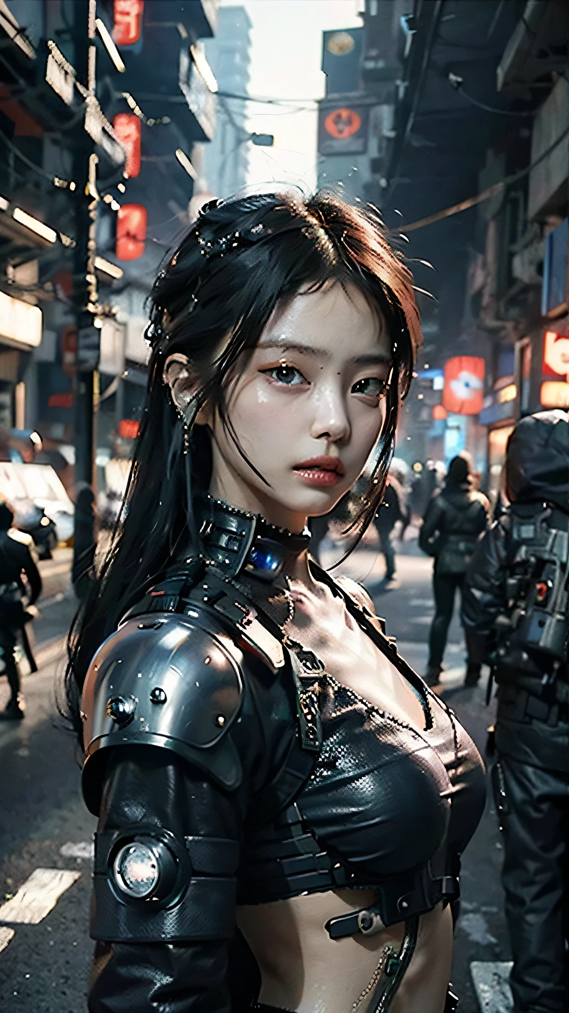 ((Best quality)), ((masterpiece)), (highly detailed:1.3), 3D, beautiful (cyberpunk:1.3) samurai woman with long black hair, black clothes looking at camera