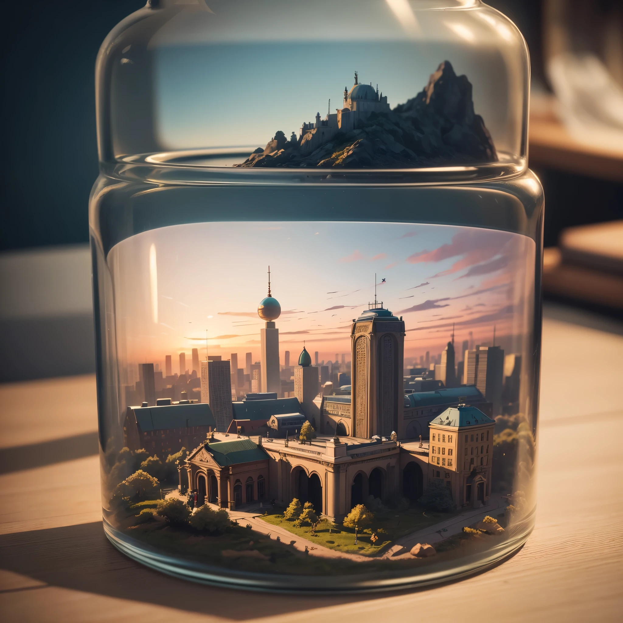 mini\(ttp\), (8k, RAW photo, best quality, masterpiece:1.2), Berlin city tucked inside a square glass jar with lid, isometric, miniature, landscape, placing on the windowsill, extremely detailed, 8K, apocalyptic punk style, miniatures, macro photography in close-up 