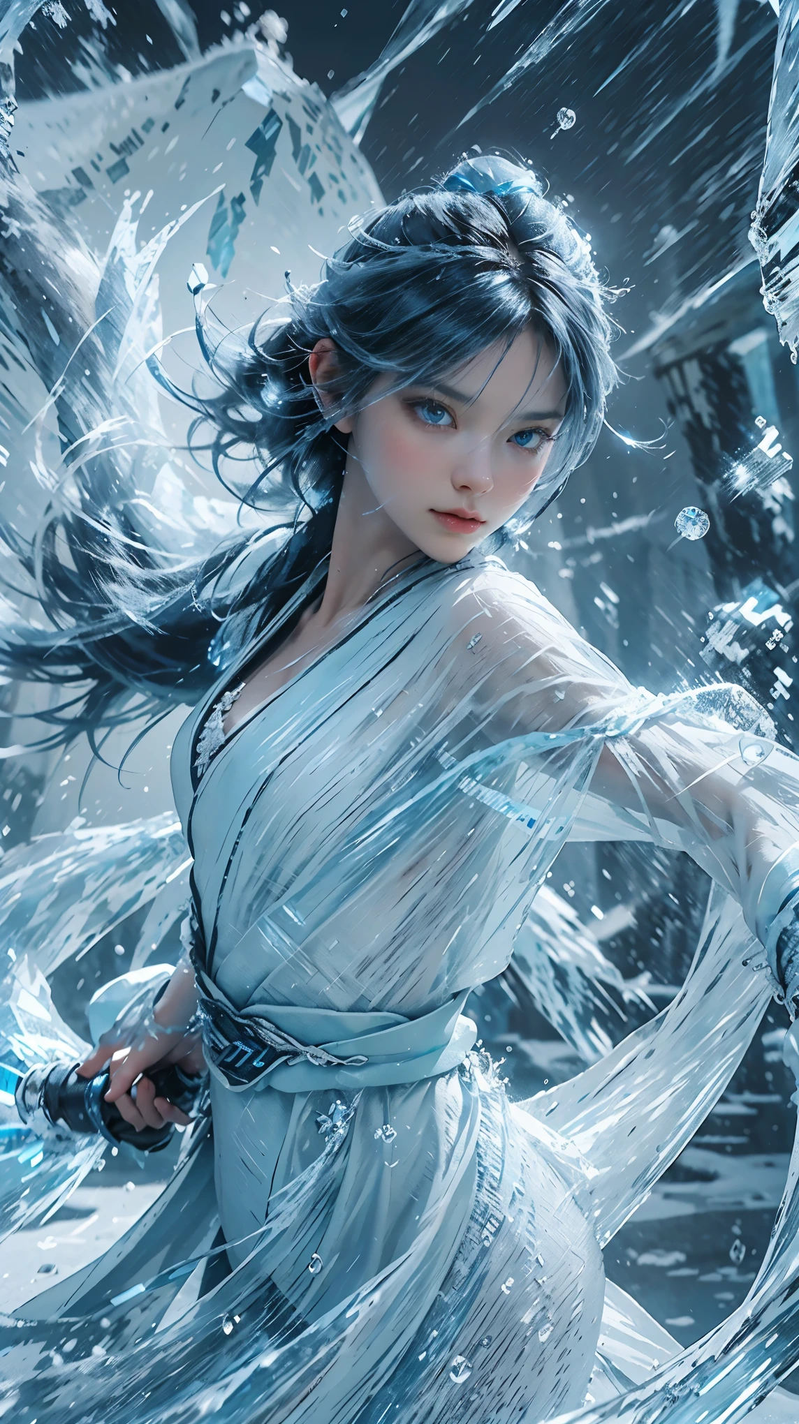 (((1 girl)))，imperial water，magician，（loose dress：1.5），（perfect facial features：1.4），（blue silk robe），（Mysterious magic array：1.2），Blue glow，（Frost Wings），(((Powerful ice magic)))，(((icicle)))，高耸于wind景之上，Blue light cold light，(((Ice storms)))，wind，((Flying snow ice and snow))，Amazing results，,best quality,masterpiece,ultra high resolution,detailed,intricate details,8k resolution,8KUCG wallpaper,high dynamic range,Aqua blue,magic circle,Cinema-level lighting effects,chiaroscuro，Ray tracing、NVIDIA RTX