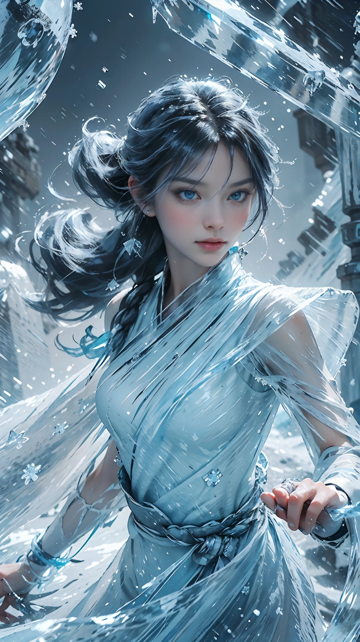 (((1 girl)))，imperial water，magician，（loose dress：1.5），（perfect facial features：1.4），（blue silk robe），（Mysterious magic array：1.2），Blue glow，（Frost Wings），(((Powerful ice magic)))，(((icicle)))，高耸于wind景之上，Blue light cold light，(((Ice storms)))，wind，((Flying snow ice and snow))，Amazing results，,best quality,masterpiece,ultra high resolution,detailed,intricate details,8k resolution,8KUCG wallpaper,high dynamic range,Aqua blue,magic circle,Cinema-level lighting effects,chiaroscuro，Ray tracing、NVIDIA RTX