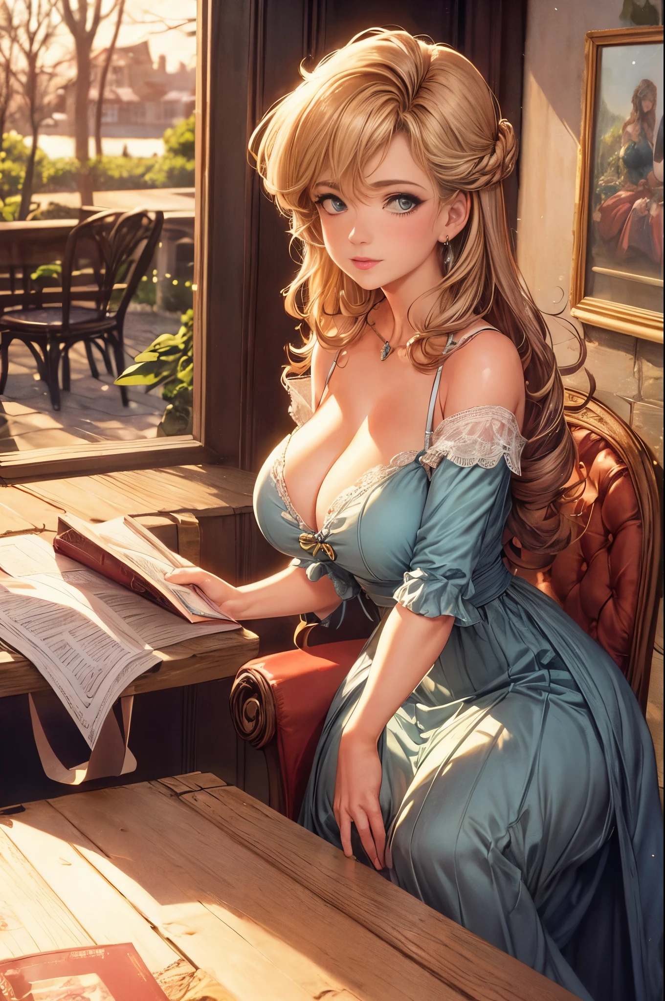 1980s anime mature female, large breast, (nsfw:0.8), cleavage, detailed eyes & face, beautiful dress, \[romantic cafe scene, vintage attire, across a candlelit table, warm and affectionate expression, mature character design, natural hair colors, soft pastel color palette, slice-of-life atmosphere, cozy background with bookshelves, and soft jazz music playing, mature romance theme, intricate details in the cafe ambiance and character expressionilf, (breasts resting on table:1.4)