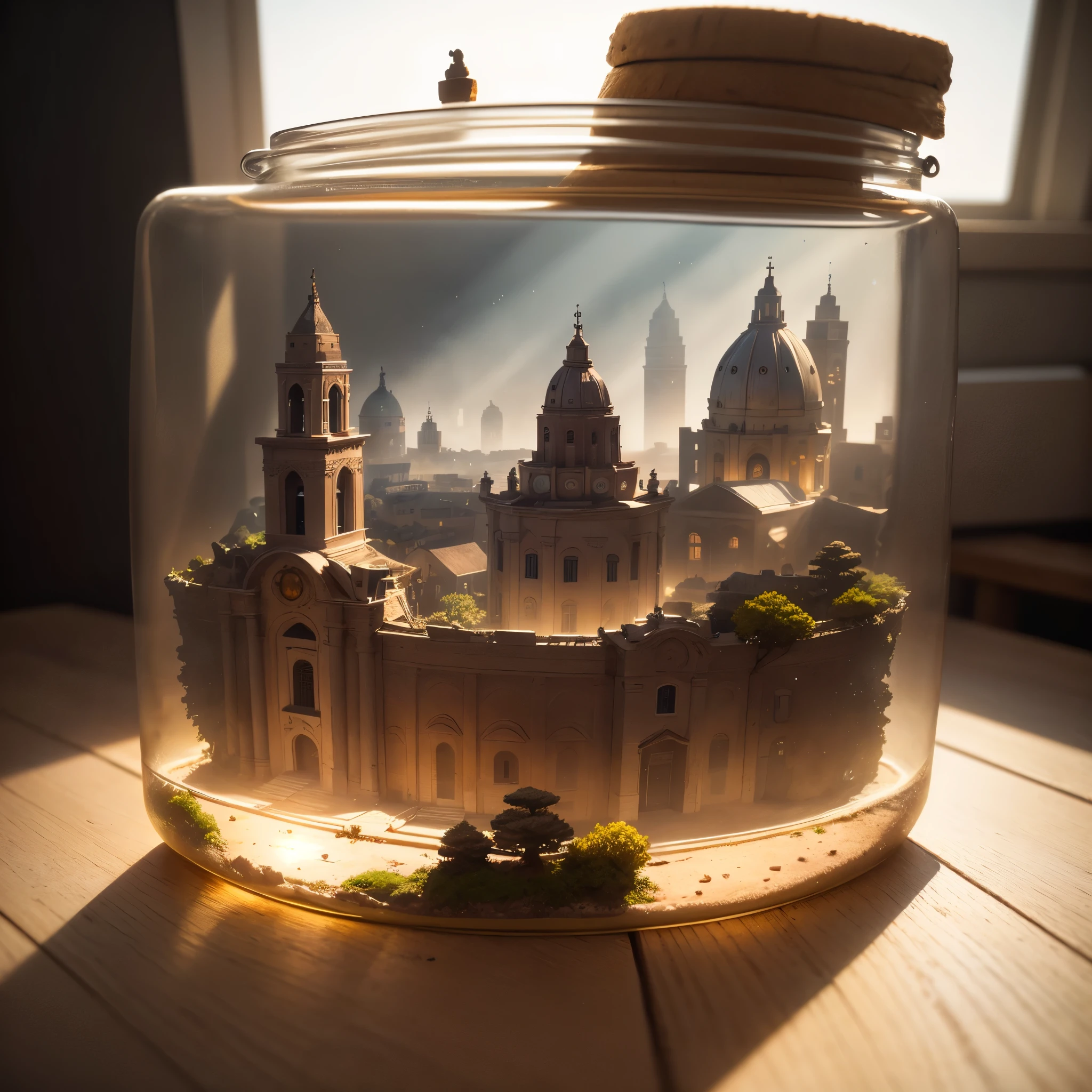 mini\(ttp\), (8k, RAW photo, best quality, masterpiece:1.2), Rome city tucked inside a square glass jar with lid, isometric, miniature, landscape, placing on the windowsill, extremely detailed, 8K, apocalyptic punk style, miniatures, macro photography in close-up