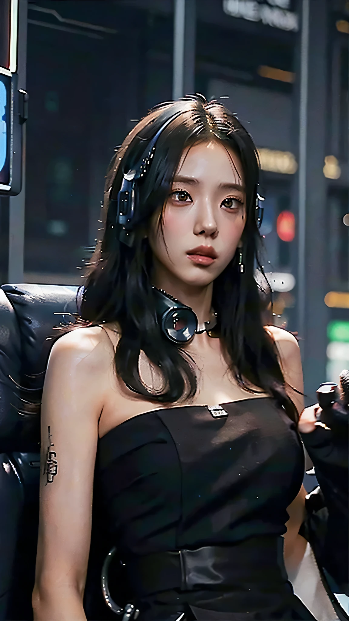 ((Best quality)), ((masterpiece)), (highly detailed:1.3), 3D, beautiful (cyberpunk:1.3) samurai woman with long black hair, black clothes looking at camera