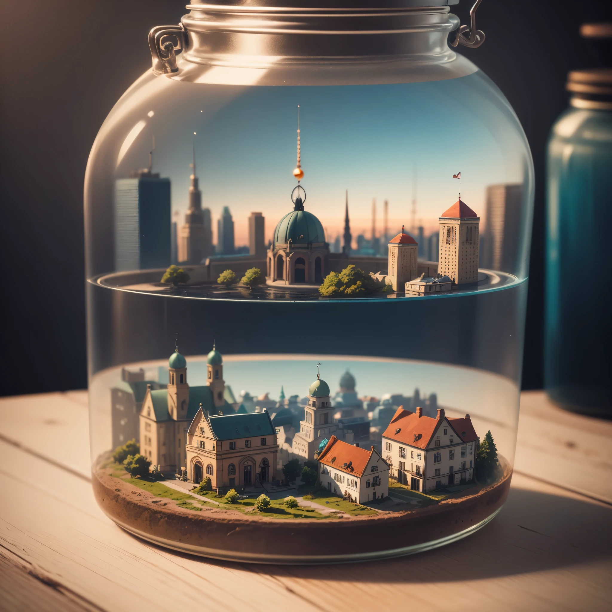 mini\(ttp\), (8k, RAW photo, best quality, masterpiece:1.2), Berlin city tucked inside a square glass jar with lid, isometric, miniature, landscape, placing on the windowsill, extremely detailed, 8K, apocalyptic punk style, miniatures, macro photography in close-up 