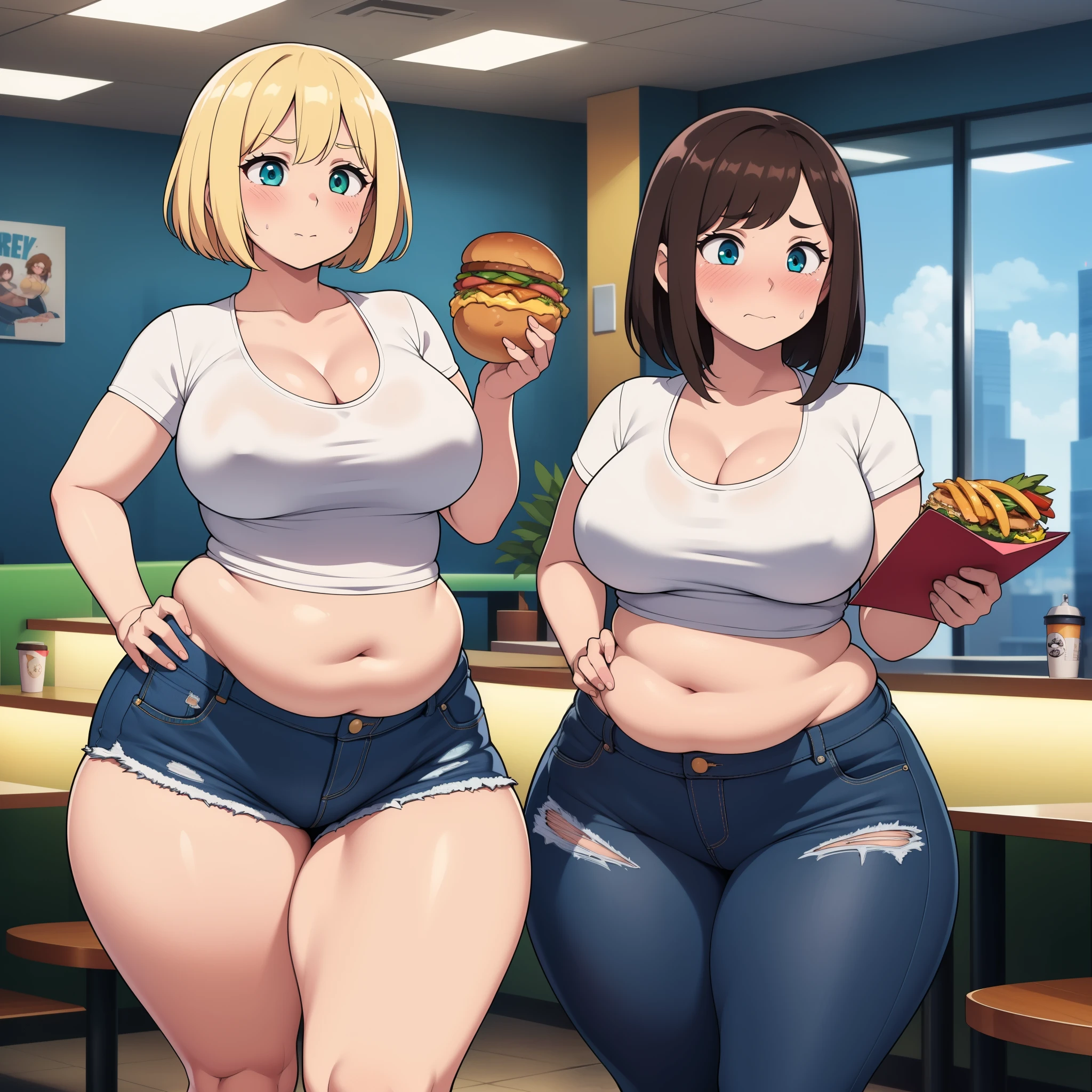 ((highres)), high quality, best quality, masterpiece, perfect lighting, detailed face, ultra cute face, ((2girls)), ((blush)), embarrassed, one girl has blonde hair, blue eyes, crop top and shorts, one girl has brown hair, green eyes, jeans, white shirt, tight clothes, fast food restaurant, medium breasts, cleavage, perky breasts, (wide hips), ((thick thighs)), ((chubby)), standing next to each other,