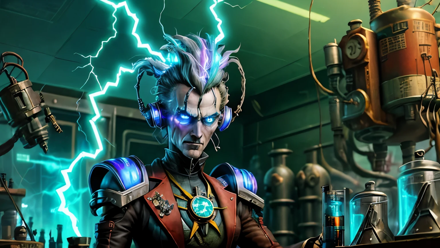 retro  evil scientist, teslapunkai , valvepunk, strange device in laboratory, cluttered environment, lightning bolts