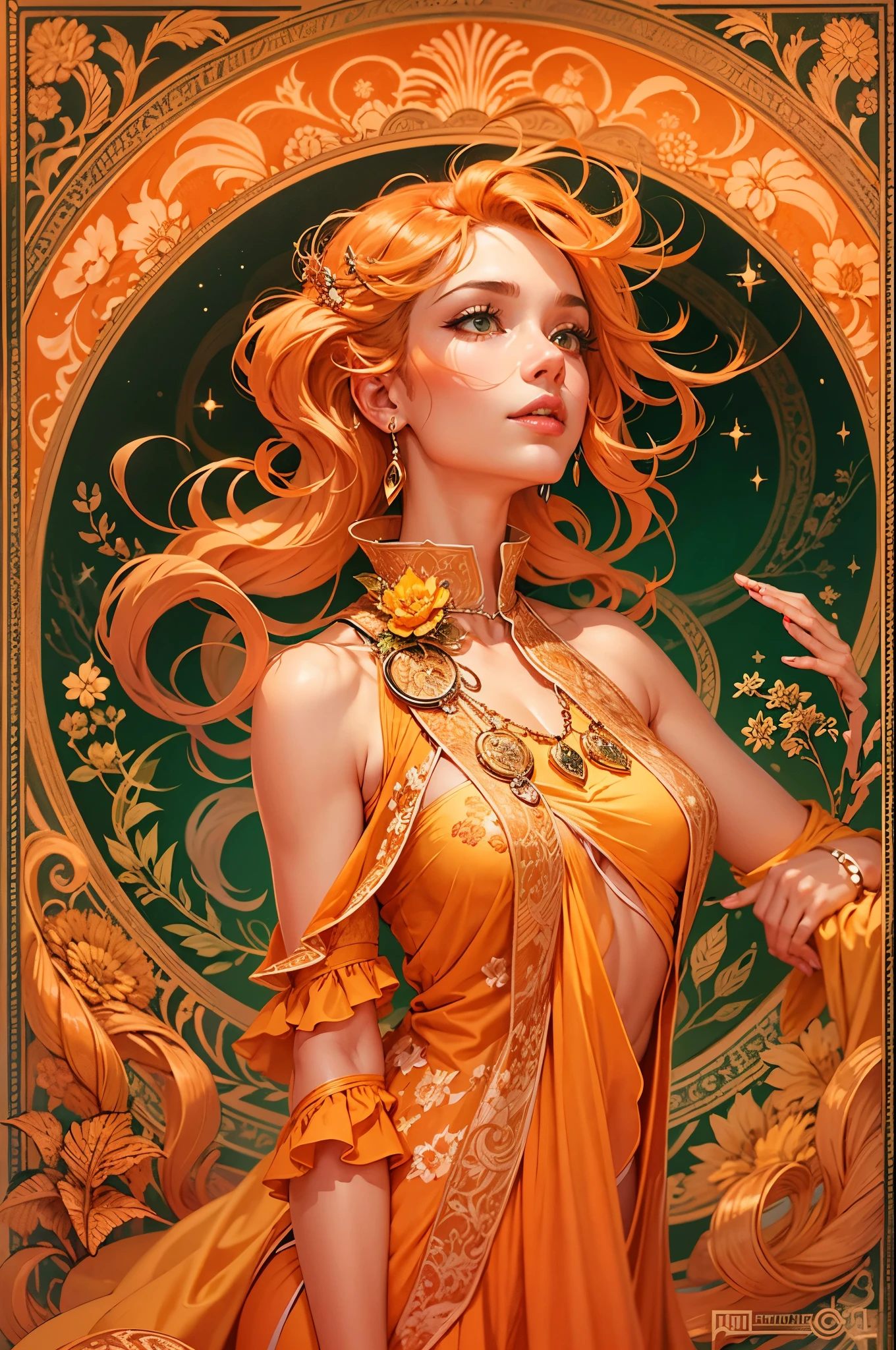 my life in the moonlight by alice novotny, in the style of artgerm, orange and gold, art nouveau decorative style, detailed character design, pierre jean van der ouderaa, grandiose color schemes, david welker