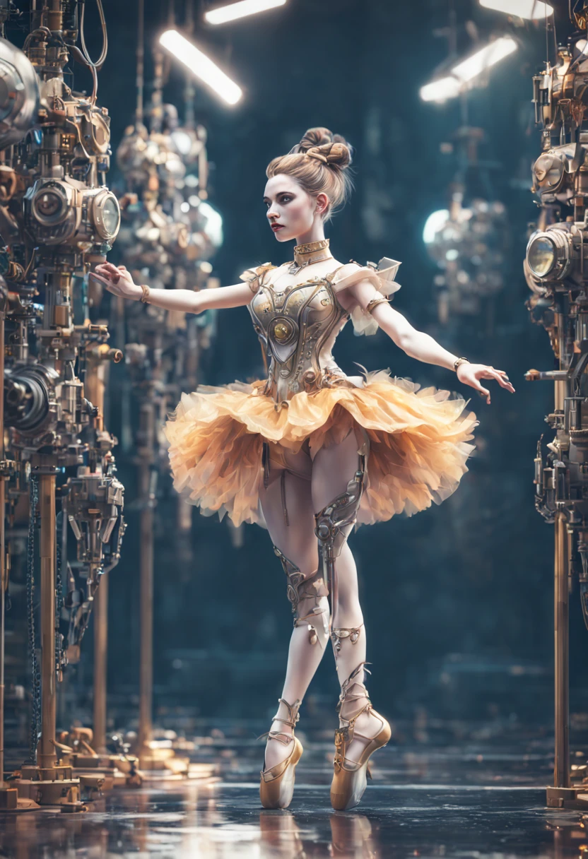 Mechanical Puppet, aesthetic, Cute, sparkling female ballerina puppet on strings at a Russian theatre. Highly detailed, photorealistic, 8k resolution. Intricate details, HDR, beautifully shot, hyperrealistic, sharp focus,  megapixels, perfect composition, high contrast, cinematic, moody. graffiti art, splash art, street art, spray paint, oil gouache melting, acrylic, high contrast, colorful polychromatic, ultra detailed, ultra quality, CGSociety, intricate mech details, ground level shot, 8K resolution, Cinema 4D, Behance HD, polished metal, Unreal Engine 5, rendered in Blender, sci-fi, futuristic, trending on Artstation, epic, cinematic background, dramatic, atmospheric