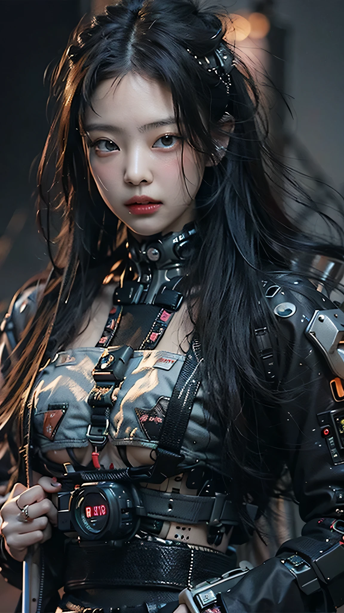 ((Best quality)), ((masterpiece)), (highly detailed:1.3), 3D, beautiful (cyberpunk:1.3) samurai woman with long black hair, black clothes looking at camera