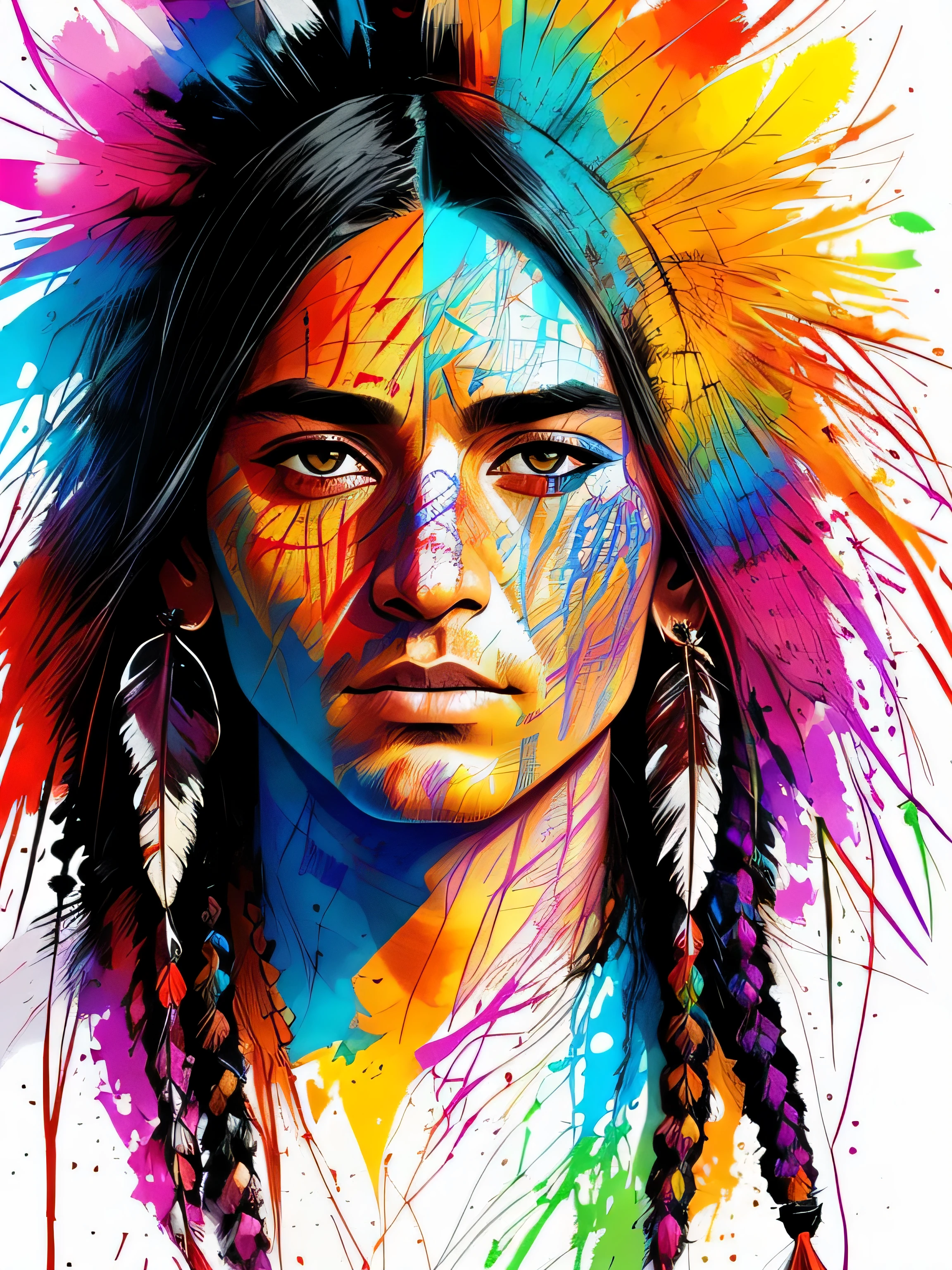 strong warrior, native indian man, centered, key visual, intricate, highly detailed, breathtaking beauty, precise lineart, vibrant, comprehensive cinematic, Carne Griffiths, Conrad Roset, (the most beautiful portrait in the world:1.5), man