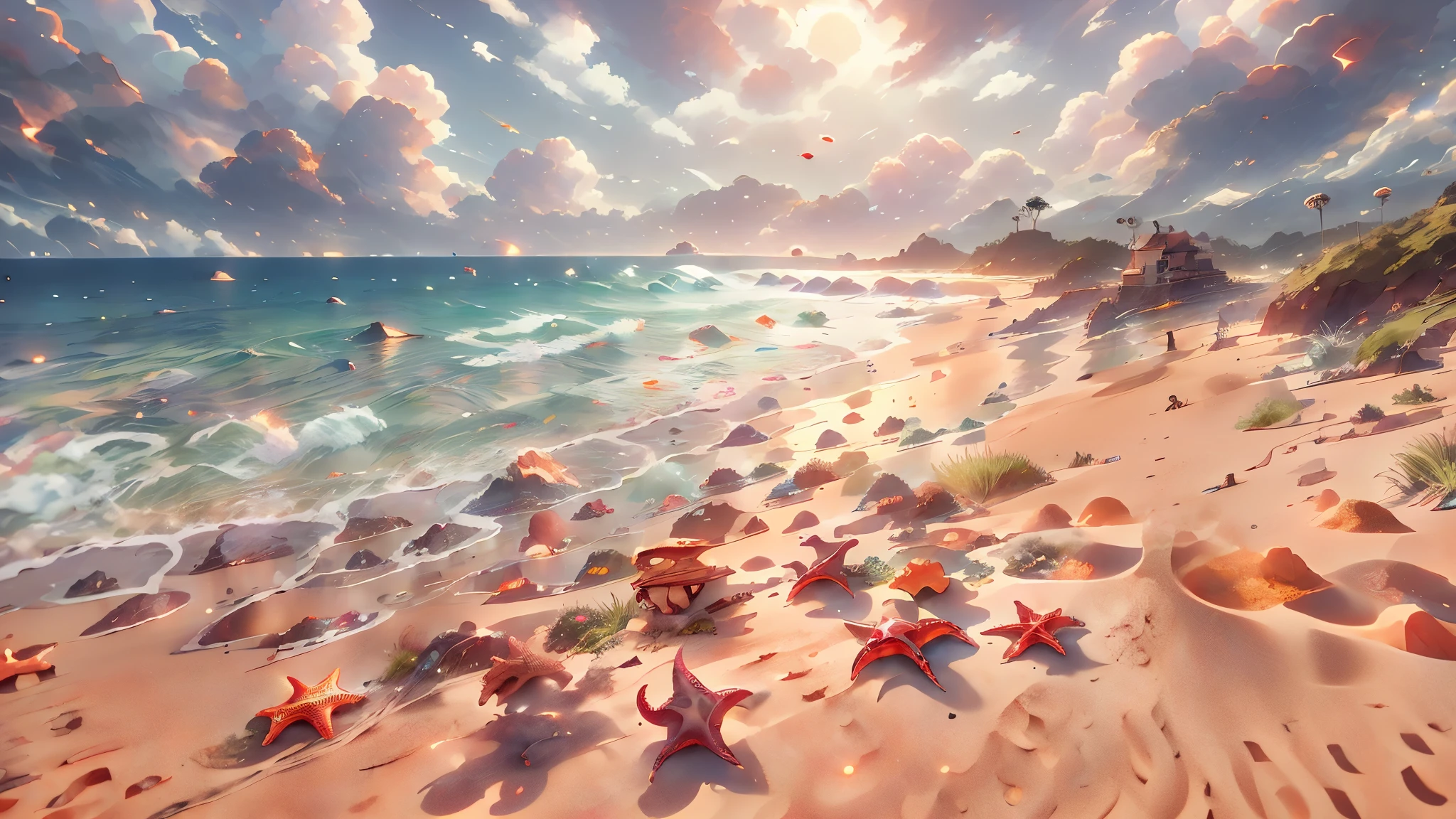 Masterpiece, best quality, 8k, panoramic view, magical scenery, outdoor day, Beach, Sand that looks like a golden carpet. Sky, cloud, day, without humans, soft sound, waves, Starfish, chatty crabs, noisy seagulls, which filled the environment with their animation.