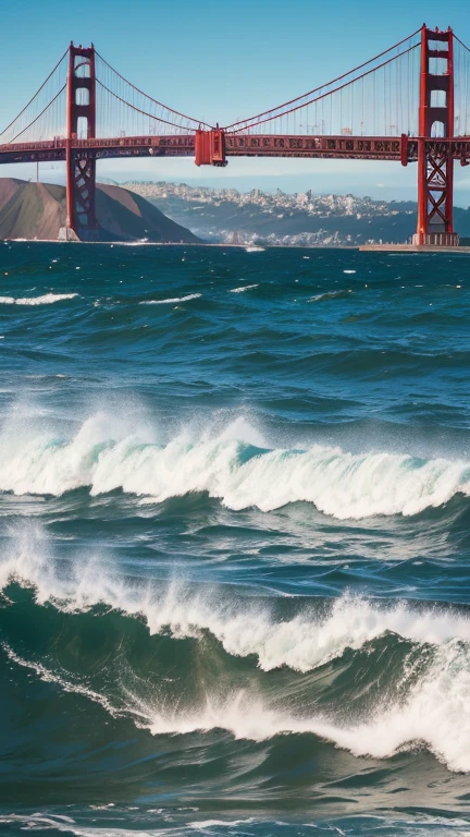 Le Golden Gate Bridge à San Francisco, with the waves of the Pacific Ocean in the background.