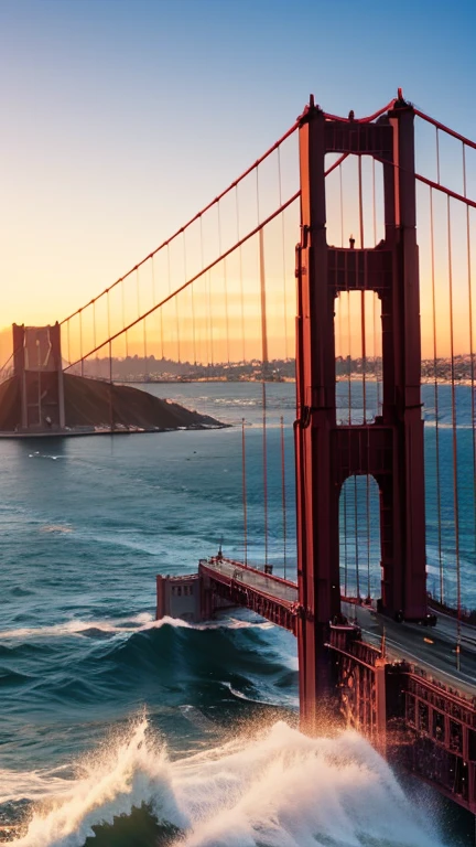 Le Golden Gate Bridge à San Francisco, with the waves of the Pacific Ocean in the background.