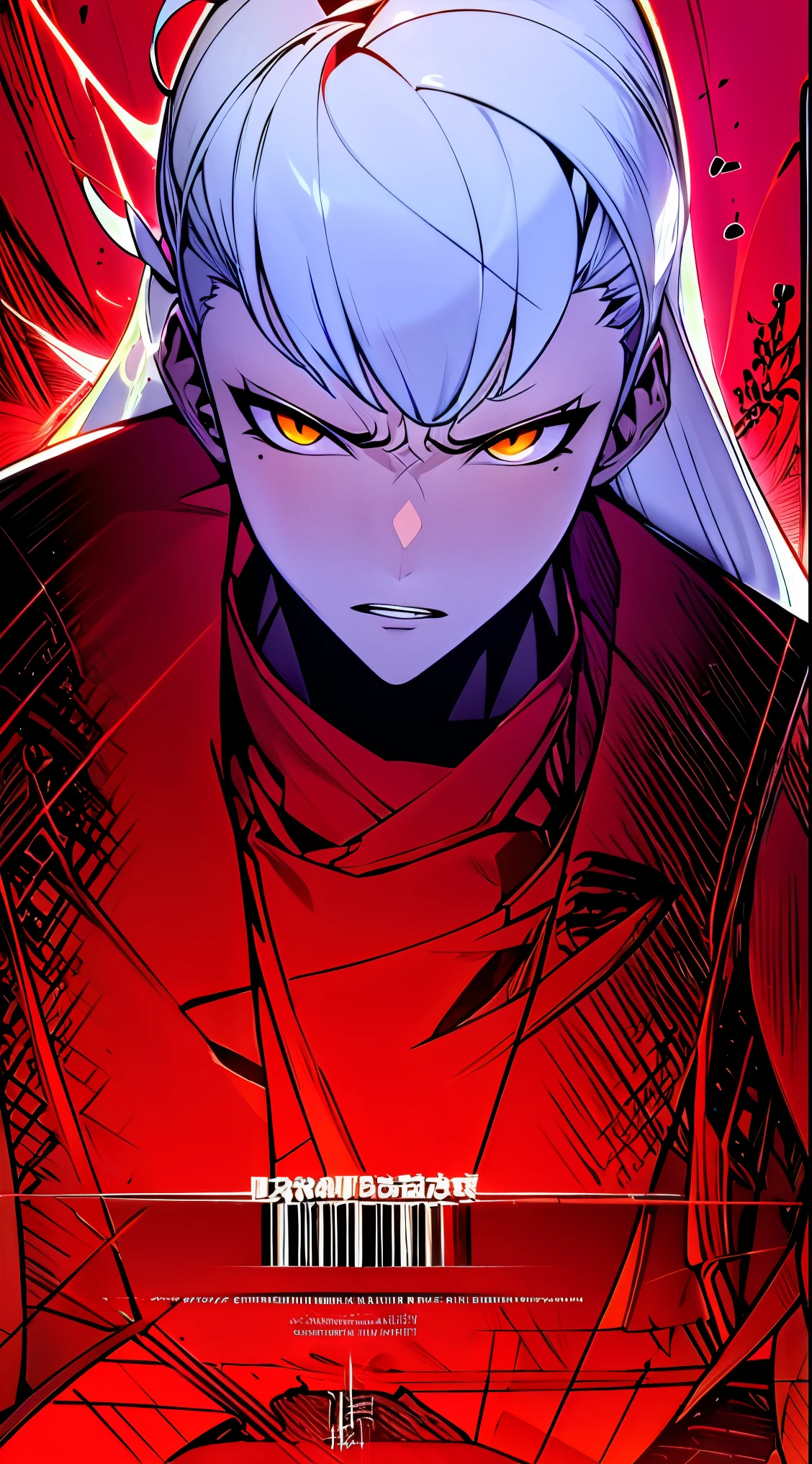 (High resolution), (in 8K), (Extreme Detail), (Best Illustration), (beautiful detail), (Best Quality), (masuter piece), ( Detailed face), (black and yellow jacket、cargo pants)full body 、imposing pose, red eyes, white hair、poneyTail、 Realistic fantasy rendering, Realistic anime girl rendering, Full body portrait, popular in CGSTATION 、、、bored look、angry、hot air、Looking at the camera
