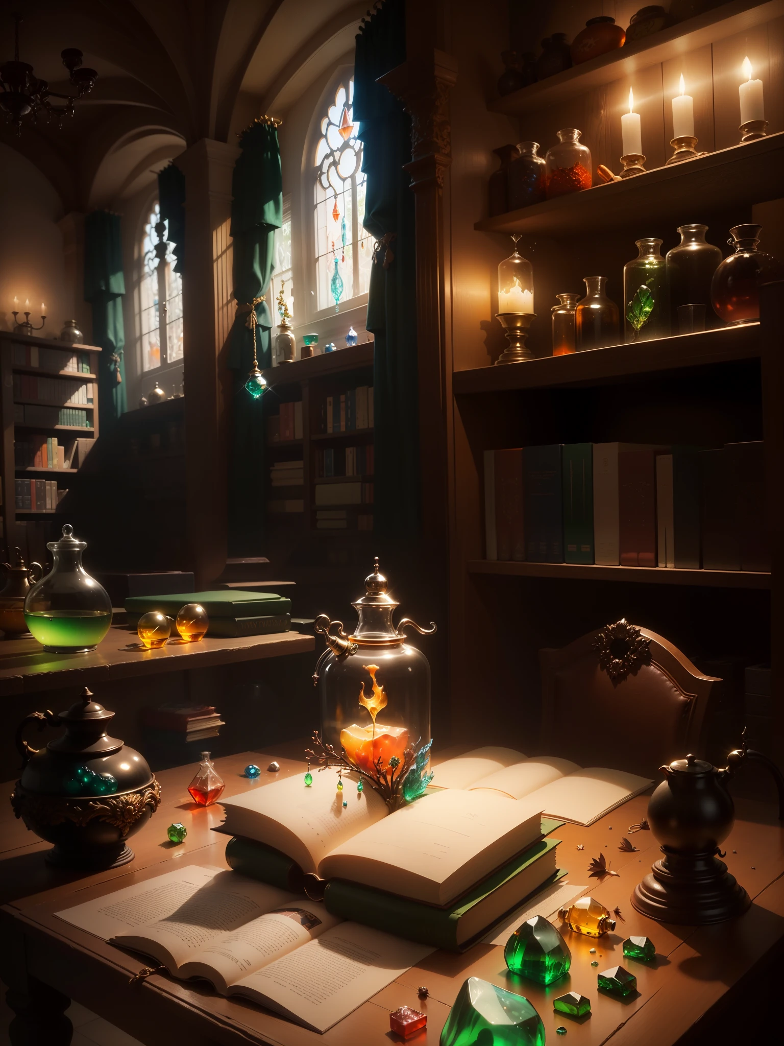 colorful glass alchemical flasks ((Unusual Potions, orange, blue, green glass)),