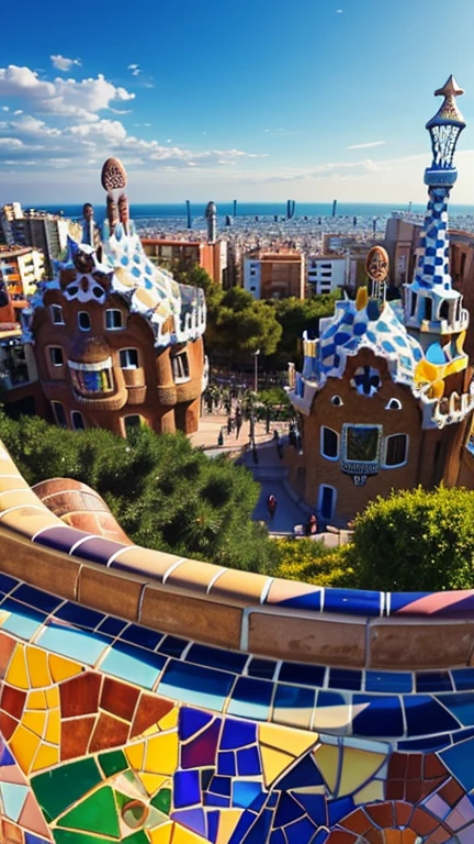 Park Güell in Barcelona, with Gaudí&#39;s colorful buildings and mosaics.