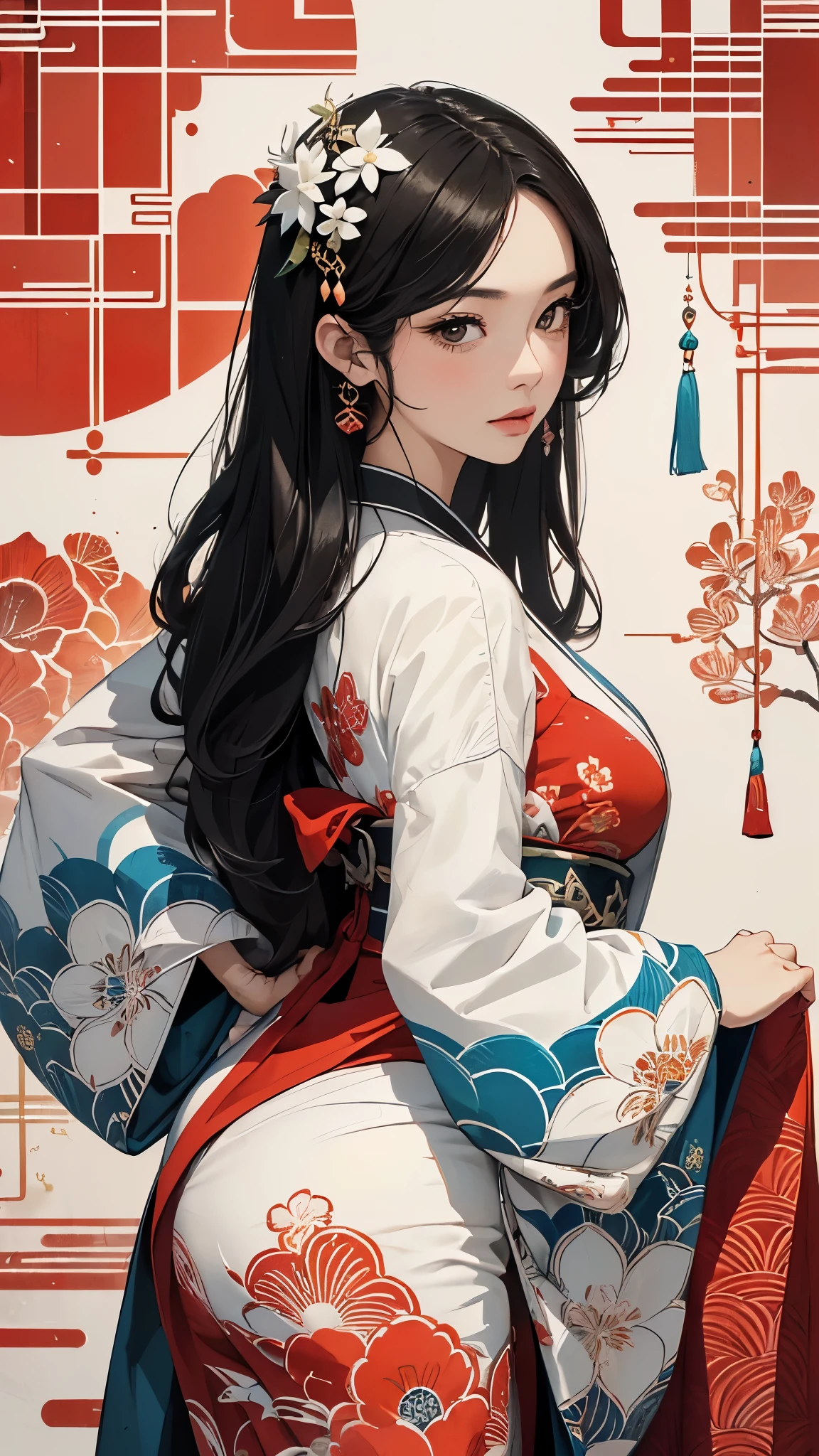 ((8k wallpaper of extremely detailed CG unit, masterpiece, hight resolution, top-quality, top-qualityのリアルテクスチャスキン)), ((a very beautiful woman, Seductive facial expressions, Plump lips, The upper part of the body, Japanese pattern haori, Japanese pattern micro mini shortessy black hair, de pele branca, Small), ((Colorful background with geometric patterns, Japanese pattern background, Chill, white backgrounid)), Sumi-e, hyper realisitic, digitial painting, concept-art,