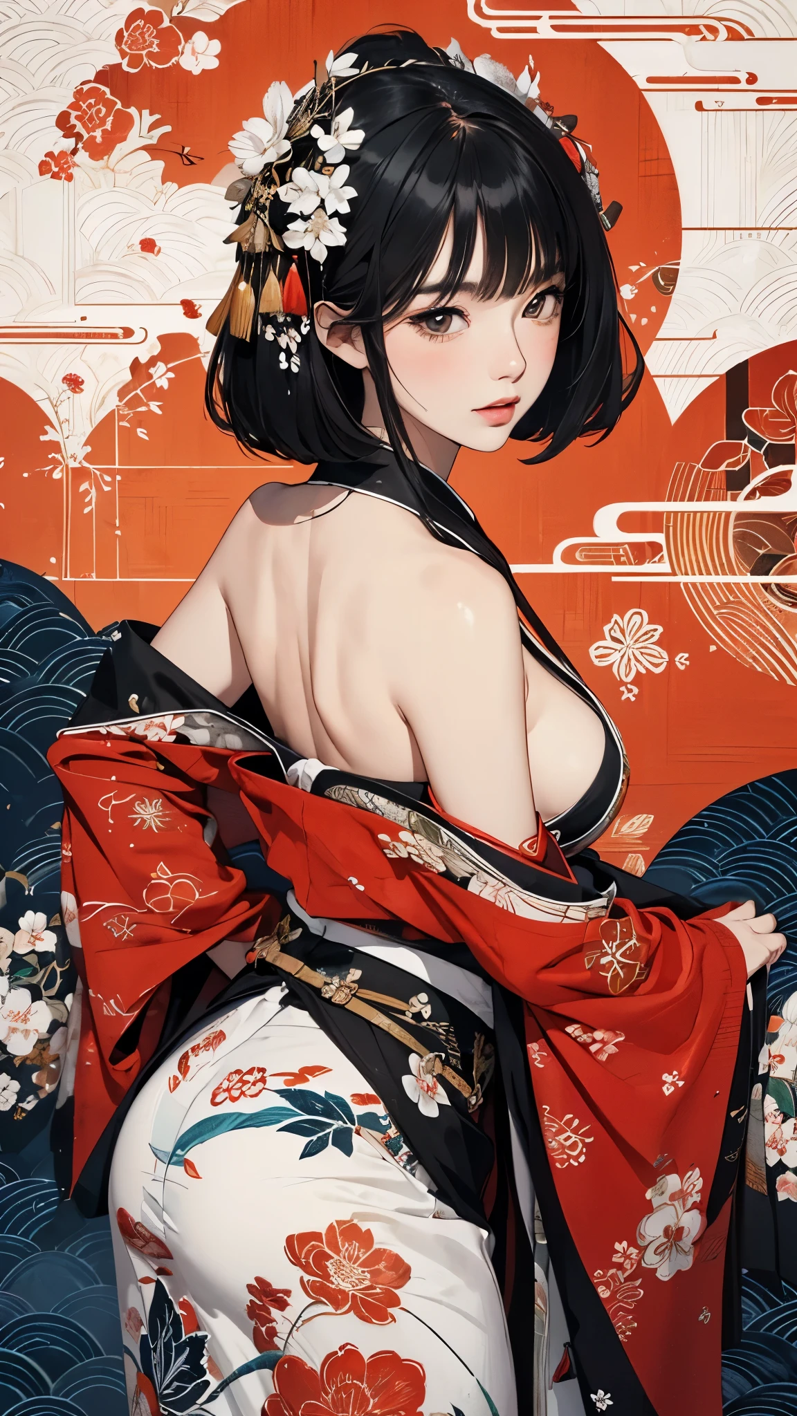 ((8k wallpaper of extremely detailed CG unit, ​masterpiece, hight resolution, top-quality, top-qualityのリアルテクスチャスキン)), ((a very beautiful woman, Seductive facial expressions, Plump lips, The upper part of the body, Japanese pattern haori, Japanese pattern micro mini shortessy black hair, de pele branca, Small), ((Colorful background with geometric patterns, Japanese pattern background, Chill, white backgrounid)), Sumi-e, hyper realisitic, digitial painting, concept-art,