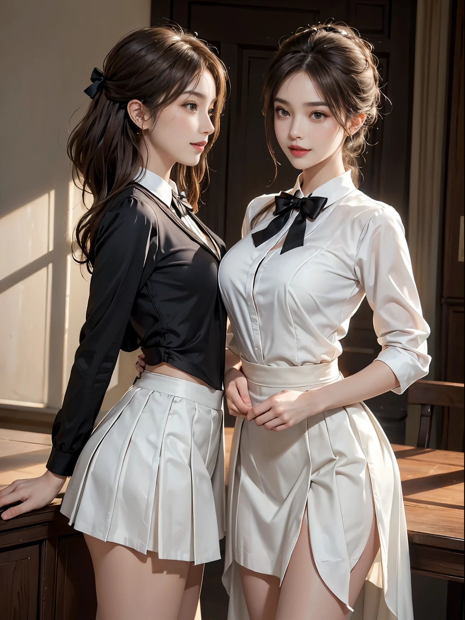 top-quality、Facial Focus、Soft light、(depth of fields)、超A high resolution、(Photorealsitic:1.4)、Raw photography、(above knee:1.4)、((Wearing a headband))(taken from the under)((posterior view))((Shot from the rear))((Looking back and watching the viewer))((A shiny shirt with a little sheer))、((Knee-length pleated skirt:1.2))、((off shoulder shirt))((Black stockings))((You can see a little bit of the shape of the buttocks from the top of the clothes))((On the school stairs))2 Japan girls、Two 28-year-old girls、Colossal tits:1.1、(full of shyness、cold smile:1.1)、(Brown-eyed)、detailed beautiful faces、(Cute hairstyle)、Center view、((Two women climbing stairs))((Two Japan women in knee-length pleated skirts、Phenomenally cute girl、japanaese girl、Lace slip))Wearing a shimmy、a hyperrealistic schoolgirl、a hyperrealistic schoolgirl、Schoolgirl Pose、full body Esbian、Nice skin、glistning skin、glowing thigh、shining legs、Black high socks above the knee、High School in Japan 、乃木坂アイドル、韓国アイドル、Invite you inside、((Inviting eyes))