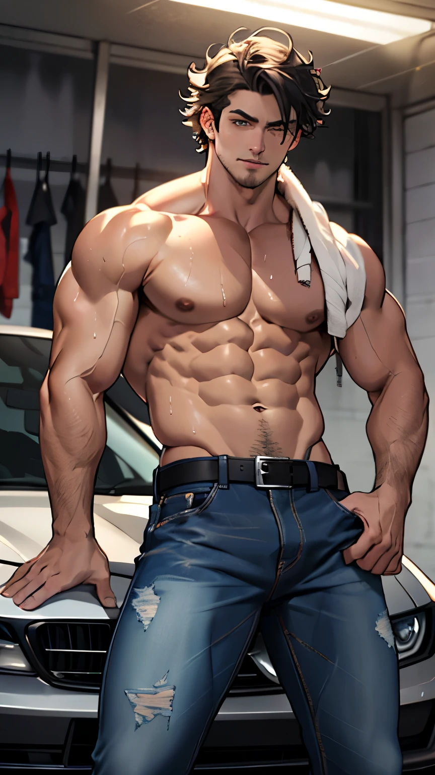 ((best quality)), ((Masterpiece)), (details), perfect face,high definition,Masterpiece,4k,details clearly,,,Handsome face,white skin,perfect body,male body,strong muscles,Abdomen muscles are wavy....,abdomen,blue eyes,white skin,The most handsome man in the world,handsome,,The coolest face,Male characters,challenge,Show off your body,Strong breasts,beautiful eyes,Look clearly.,sexy male underwear,strong legs,wet body,Show off your arm muscles,luxurious,crystal,millionaire,Ratchawong House,luxurious,Show off your muscles,black jeans,luxury car,sport car,Coolest car,shirtless,curly hair,pose on car,luxury belt,perfect hands,perfect eyes,in the garage,V shape,inside,studio light,black car,car lights,perfect male face,pose like champion,shatter jeans,wolf eyes