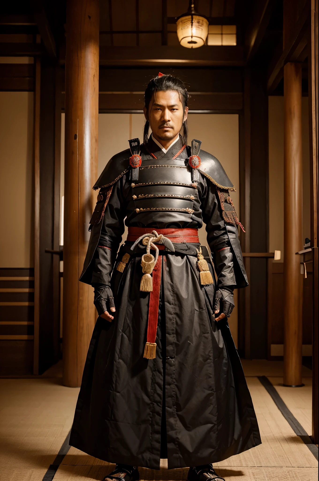 An image of Yasuke clad in traditional samurai armor, standing alongside Oda Nobunaga, the powerful feudal lord.