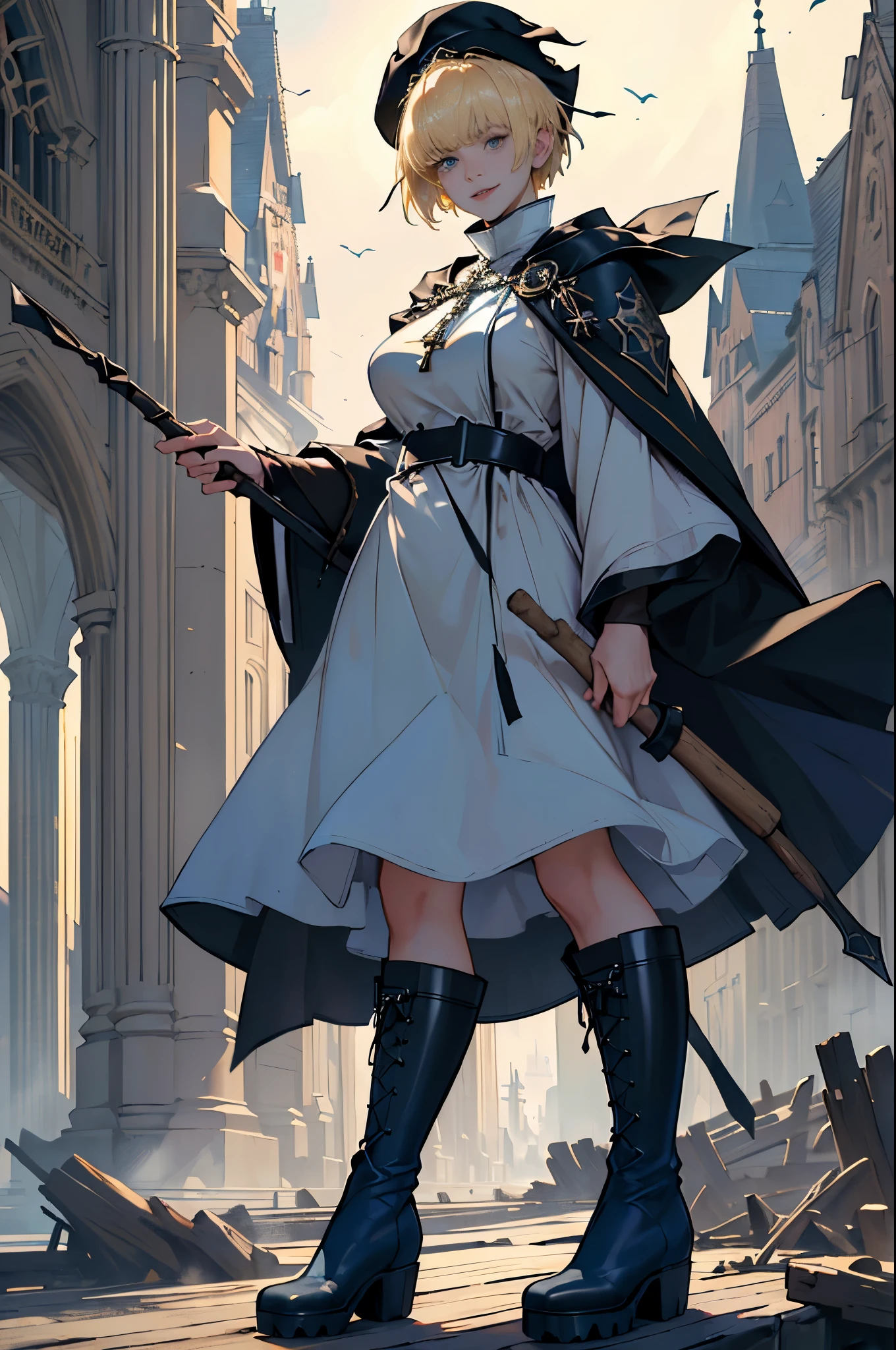masterpiece, ultra detailed, 8k portrait, RAW photo, portrait photography, highly detailed face, beautiful and meticulous eyes, ((Fantasy)), Young beautiful, dynamic pose, kind face, smile, (((Blonde very short hair, bangs))), ((Priest)), wood necklace, clergy hat, (((long cloak))) fluttering in the wind, (((dark dull blue oversized Priest tunic))), (((long skirt)), (((low boots))), ((holding long wood staff)), big shoulder bag, Midday Sun, hyper realistic, Body model, Big breasts, Beautiful breasts, Long legs, in the crowd, Ambient lighting, Shadow details , Camera focus on face, strong breeze, Light fog