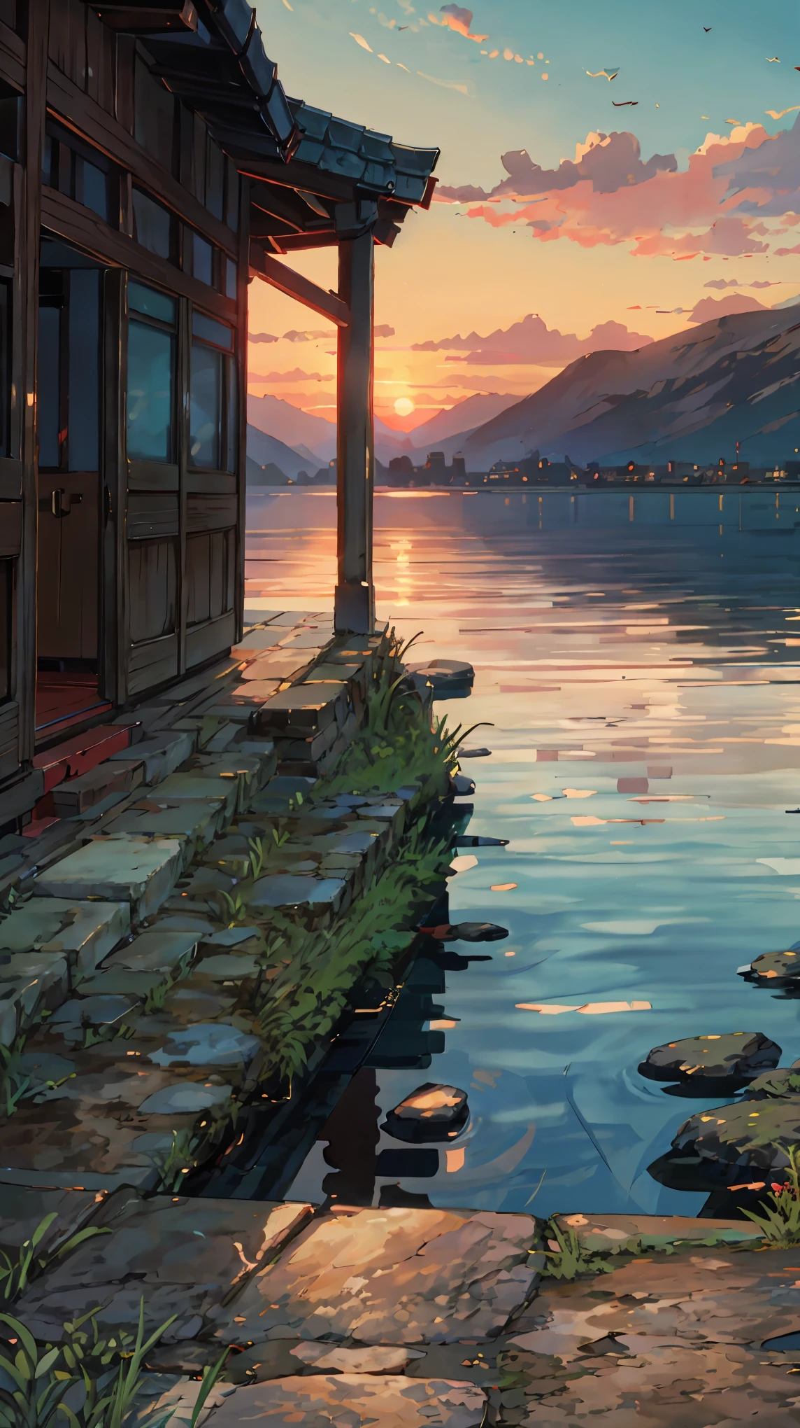 Sunset, wind up, girl sitting under stone pier, confused, HD 8k, masterpiece