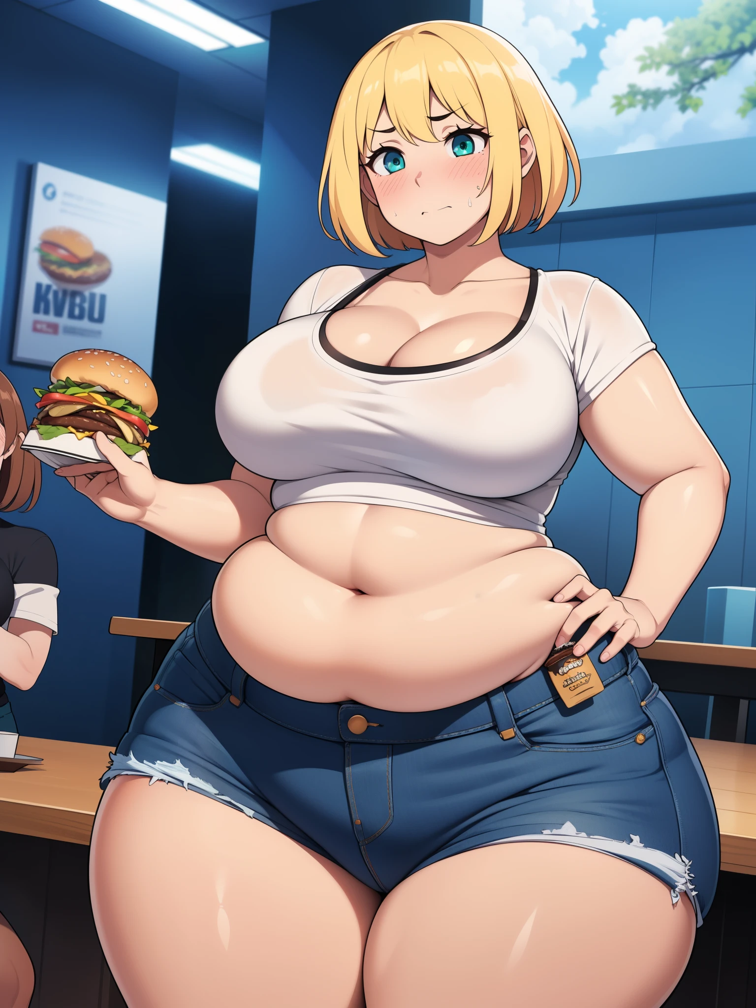 ((highres)), high quality, best quality, masterpiece, perfect lighting, detailed face, ultra cute face, ((2girls)), ((blush)), embarrassed, one girl has blonde hair, blue eyes, crop top and shorts, one girl has brown hair, green eyes, jeans, white shirt, tight clothes, fast food restaurant, medium breasts, cleavage, perky breasts, (wide hips), ((thick thighs)), ((chubby)), standing next to each other, belly grab