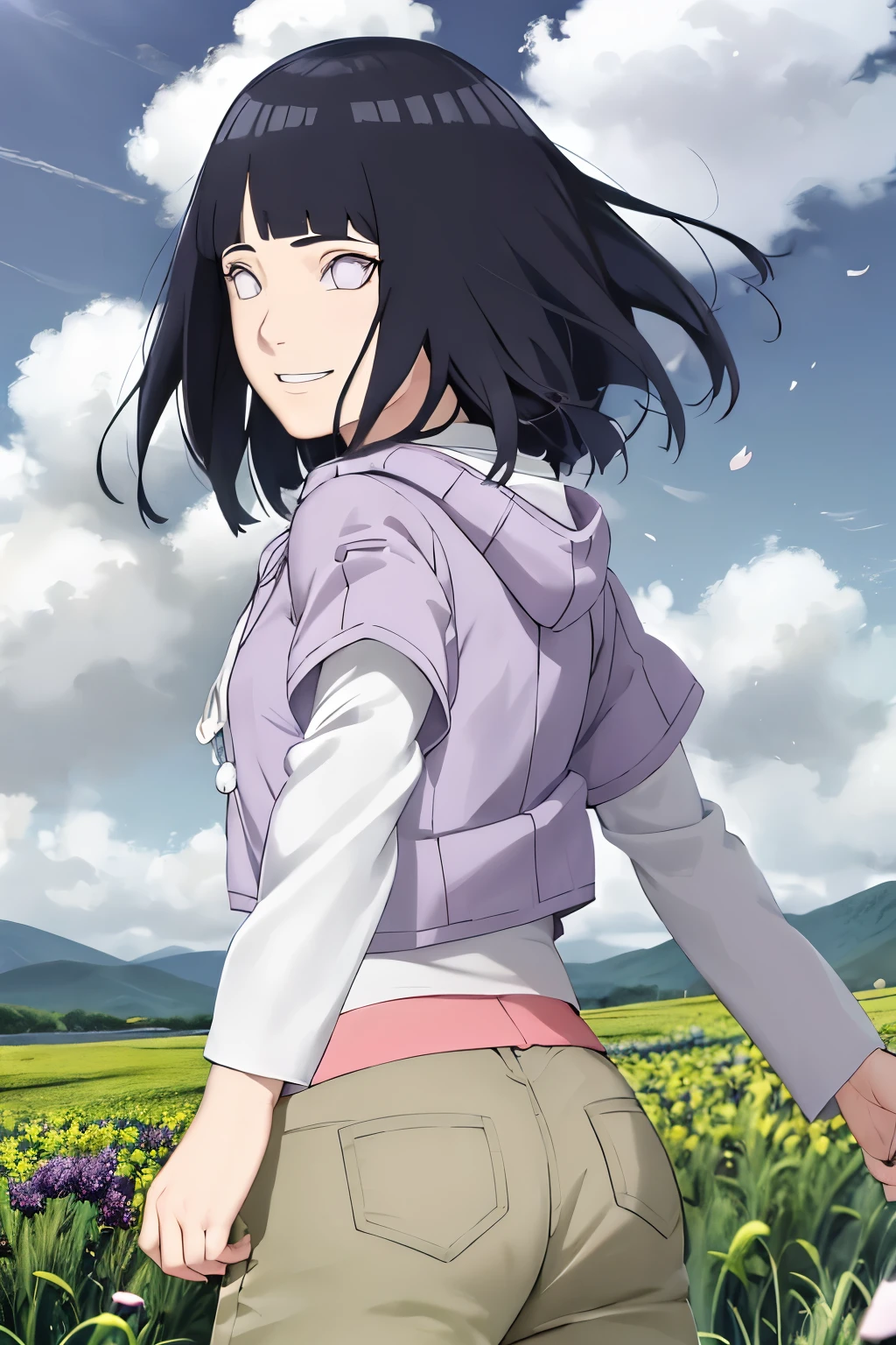 Masterpiece, Absurd , (complex parts), (colorful),cinematic lighting,чрезвычайно подробные обои CG Unity 8k ,hinata\(boruto\), 1 girl, One, Purple hoodie ,brown trousers, Behind,multi-layer sleeves, cowboy shot, looking back, I look at the viewer,smile, on open air, lavender flower field,flower, day, cloudy sky, wind, floating hair, falling petals