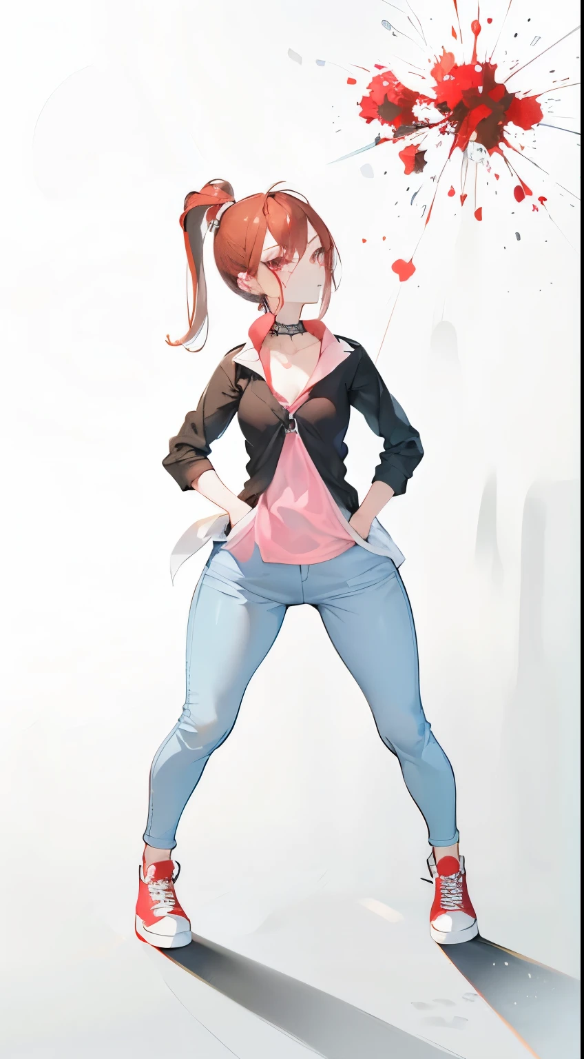 1girl,Clingy skinny blue jeans,Red convers shoes, black jumpsuit, white shirt, tight-fitting pink shirt, collar at the neck, radiant brown hair, beautiful, charming, , young woman, phone size showing in pants pocket, medium beautiful breasts,