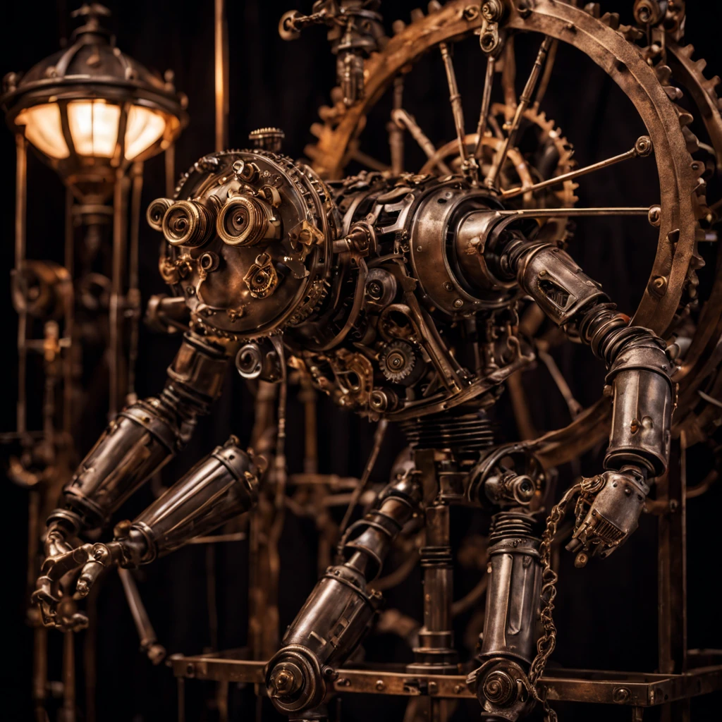 a mechanical puppet with intricate gears and springs, detailed joints and limbs, polished metal body, realistic human-like movements, vintage and aged appearance, controlled by a skilled puppeteer, intricate design and craftsmanship, steampunk style, dimly-lit stage, dramatic shadows, dynamic poses, gears and cogs in motion, whimsical and fantastical atmosphere, antique theater setting, rich colors and textures, Victorian era-inspired costumes, ornate decorations and props, twisted and eerie facial expressions
