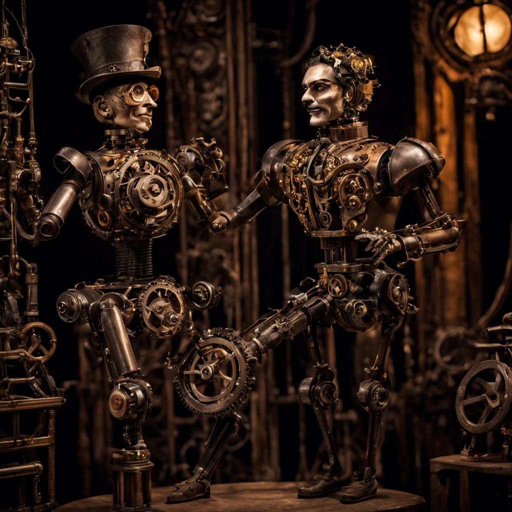 a mechanical puppet with intricate gears and springs, detailed joints and limbs, polished metal body, realistic human-like movements, vintage and aged appearance, controlled by a skilled puppeteer, intricate design and craftsmanship, steampunk style, dimly-lit stage, dramatic shadows, dynamic poses, gears and cogs in motion, whimsical and fantastical atmosphere, antique theater setting, rich colors and textures, Victorian era-inspired costumes, ornate decorations and props, twisted and eerie facial expressions