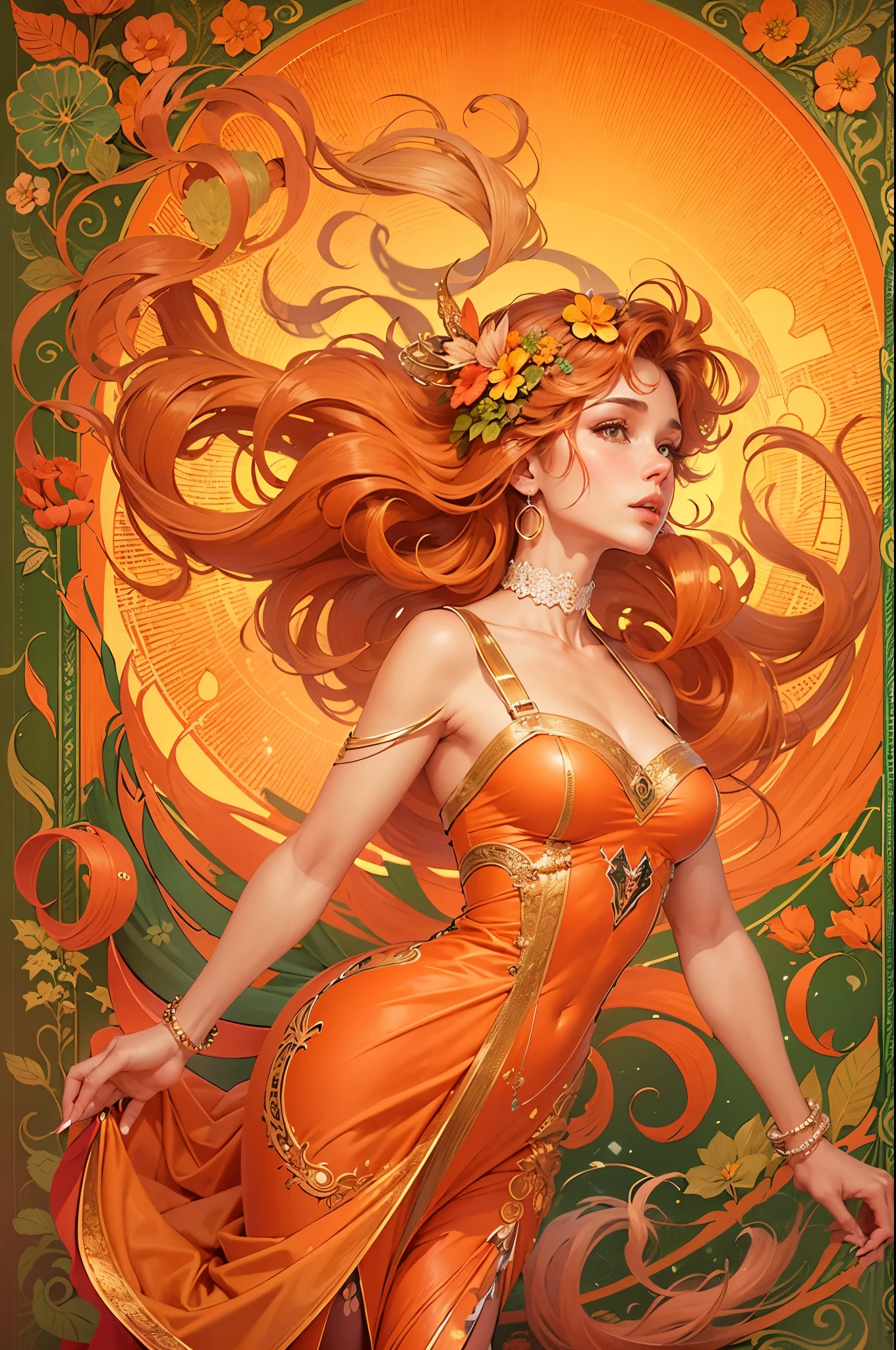 my life in the moonlight by alice novotny, in the style of artgerm, orange and gold, art nouveau decorative style, detailed character design, pierre jean van der ouderaa, grandiose color schemes, david welker