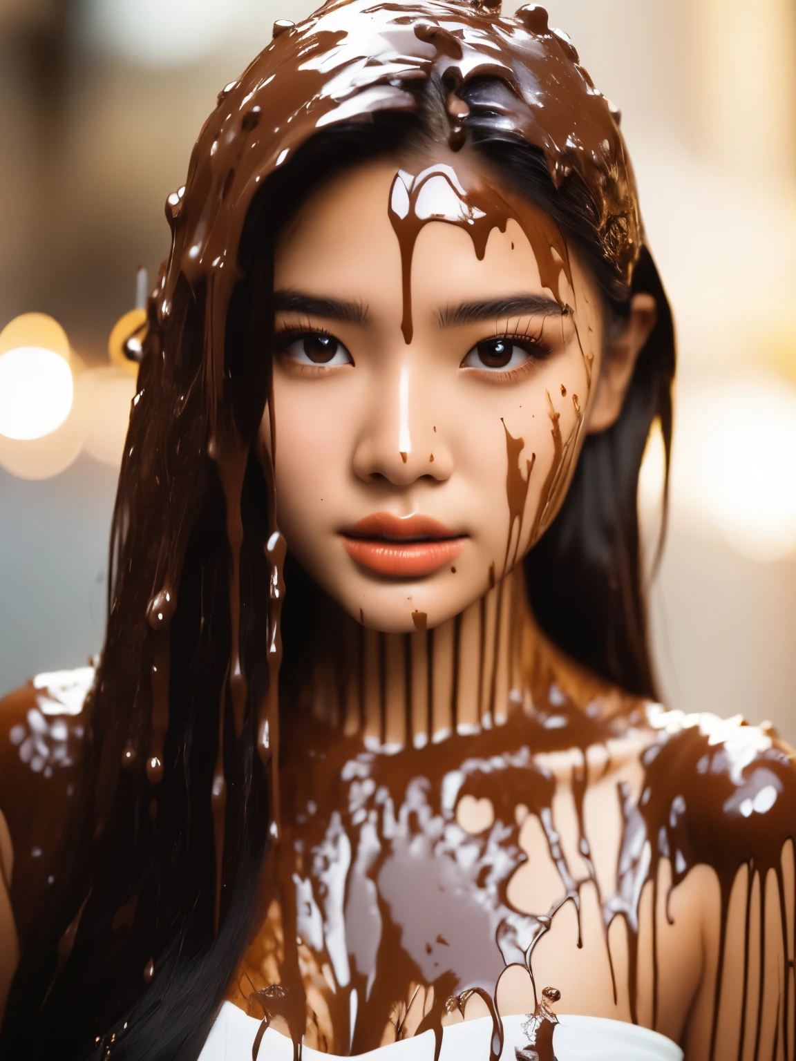 Photo taken with Leica camera, Film photograph, Asian ager, portrait photo, beautiful details, detailed eyes, detailed face, intricate details, extreme realism, 8k, HD, mascara, winged eyeliner, lipstick, white dress, cleavage, chocolate, chocolate syrup on chest, chocolate syrup on hair, blood on face, film grain