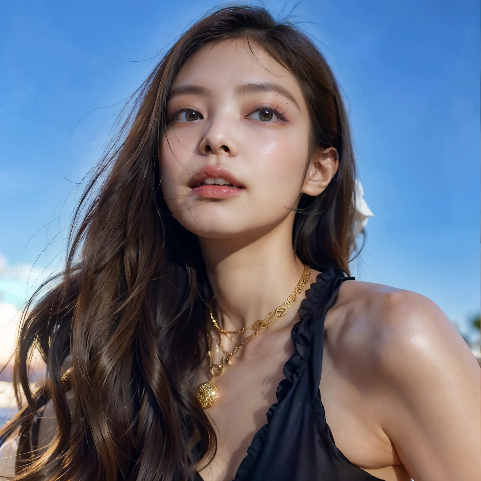 uma mulher com cabelos longos usando um vestido preto e um colar de ouro, Retrato de Sophie Mudd, Bella Poarca, imagem vazada, Bela Hadid, flawless brown skin, ela tem pele morena oliva, gema chen, por Alexis Grimou, karolina cummings, lindo rosto latina, ela tem um brilho vindo dela, por Christen Dalsgaard, beleza de cair o queixo